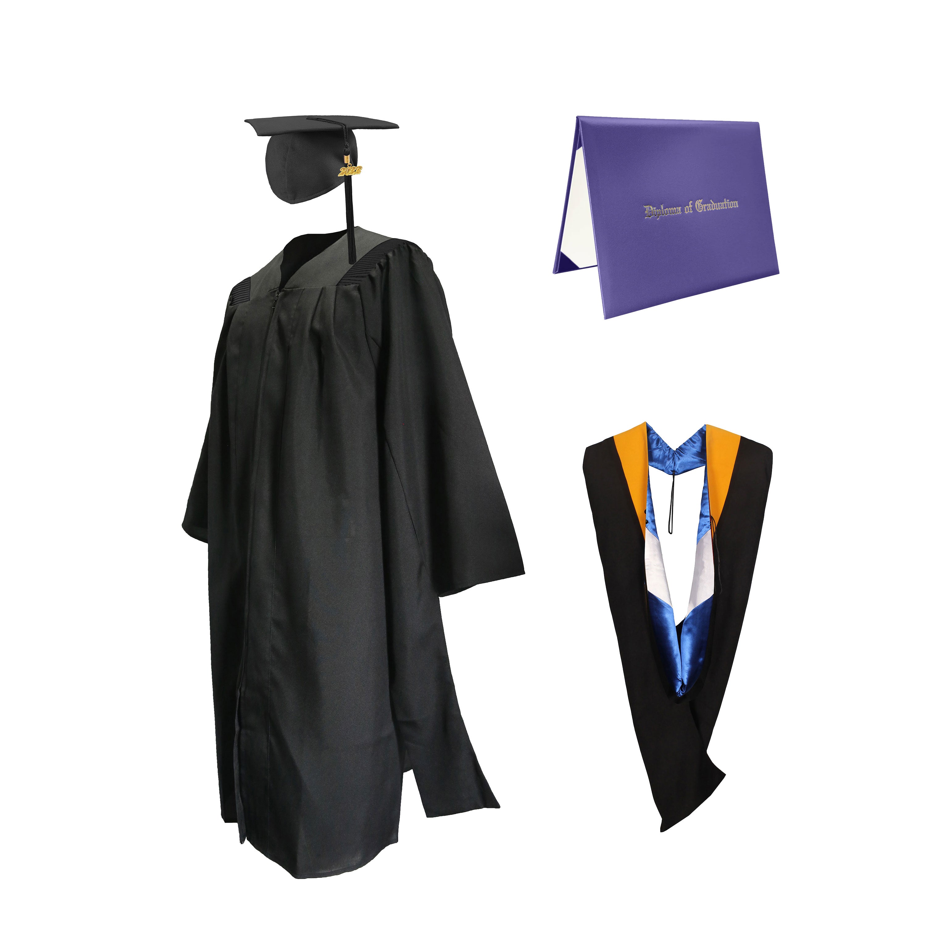 Deluxe Master Graduation Gown Cap with Tassel Charm 2023|2024& Master Graduation Hood in Various Color & Diploma Package-CA graduation
