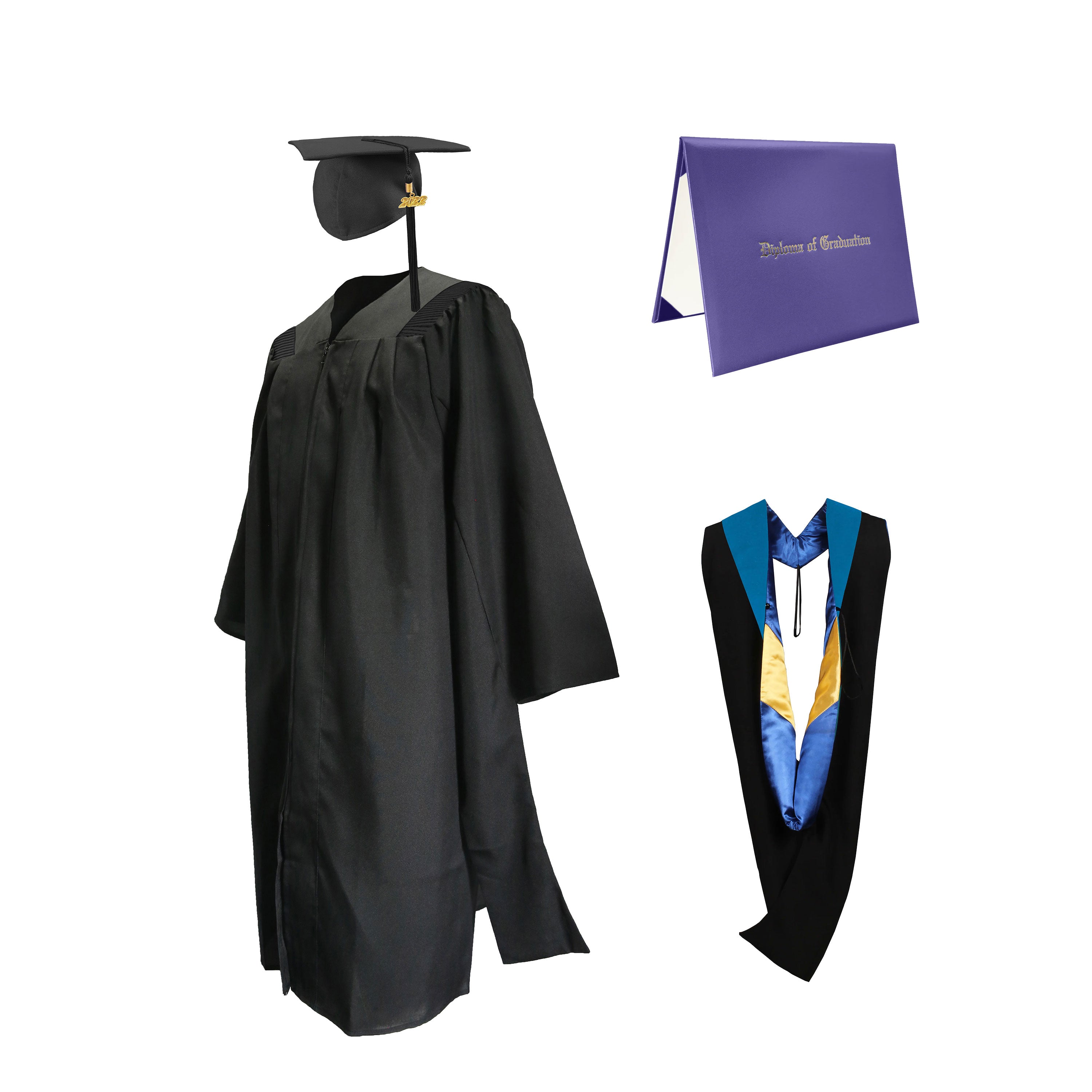 Deluxe Master Graduation Gown Cap with Tassel Charm 2023|2024& Master Graduation Hood in Various Color & Diploma Package-CA graduation