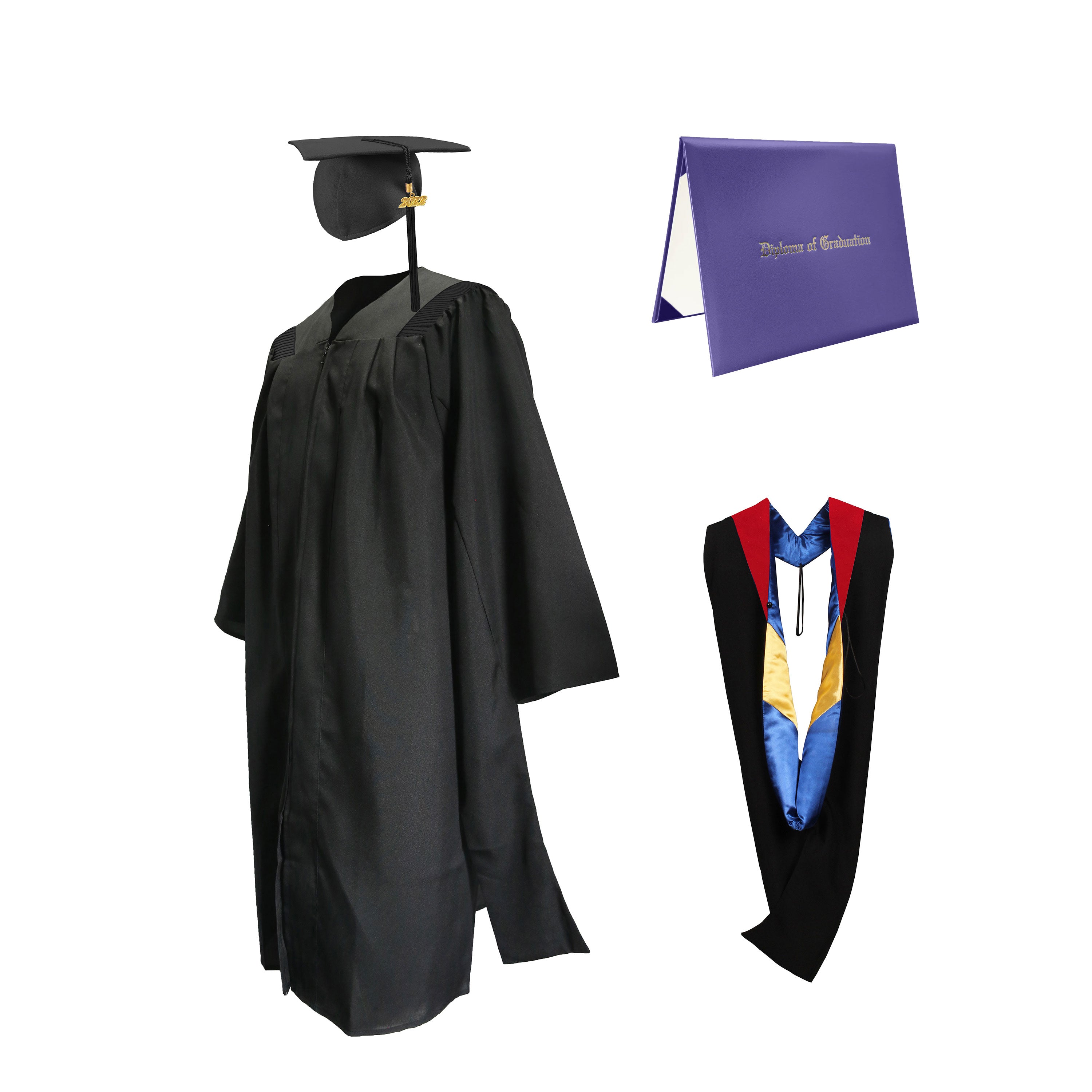 Deluxe Master Graduation Gown Cap with Tassel Charm 2023|2024& Master Graduation Hood in Various Color & Diploma Package-CA graduation