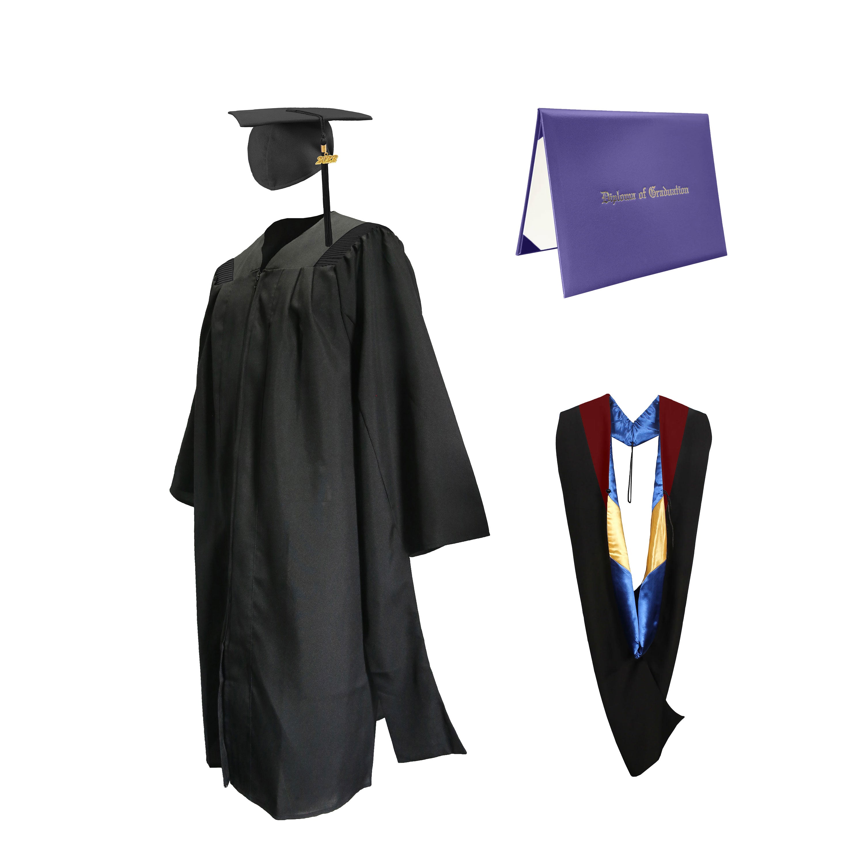 Deluxe Master Graduation Gown Cap with Tassel Charm 2023|2024& Master Graduation Hood in Various Color & Diploma Package-CA graduation