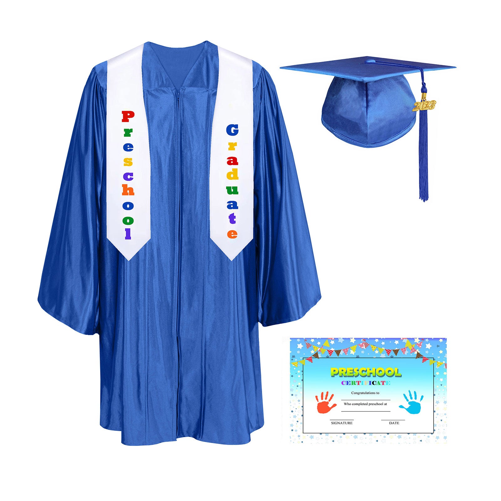 Shiny Kindergarten Graduation Cap, Gown, Stole & Diploma Package - CA Graduation Shiny Kindergarten Graduation Cap, Gown, Stole & Diploma Package - CA Graduation