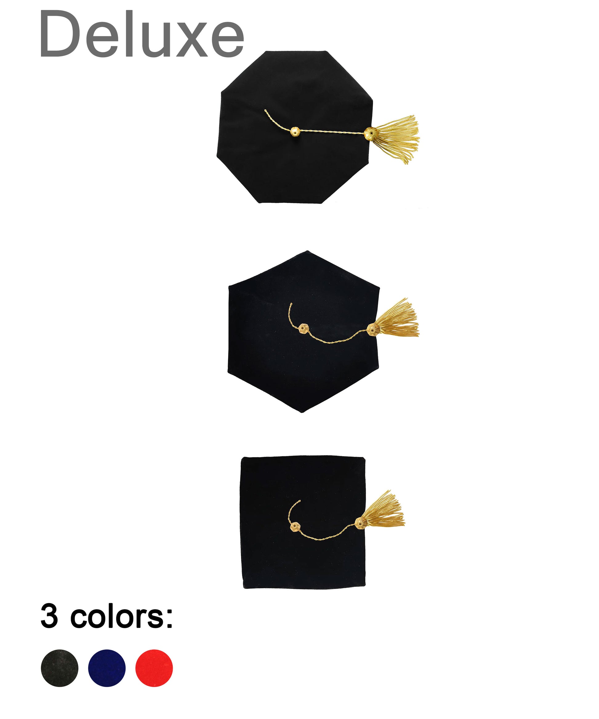 Deluxe Doctoral Graduation Tam with Gold Bullion Tassel in Various Colors and Styles (4/6/8 Sided)-CA graduation