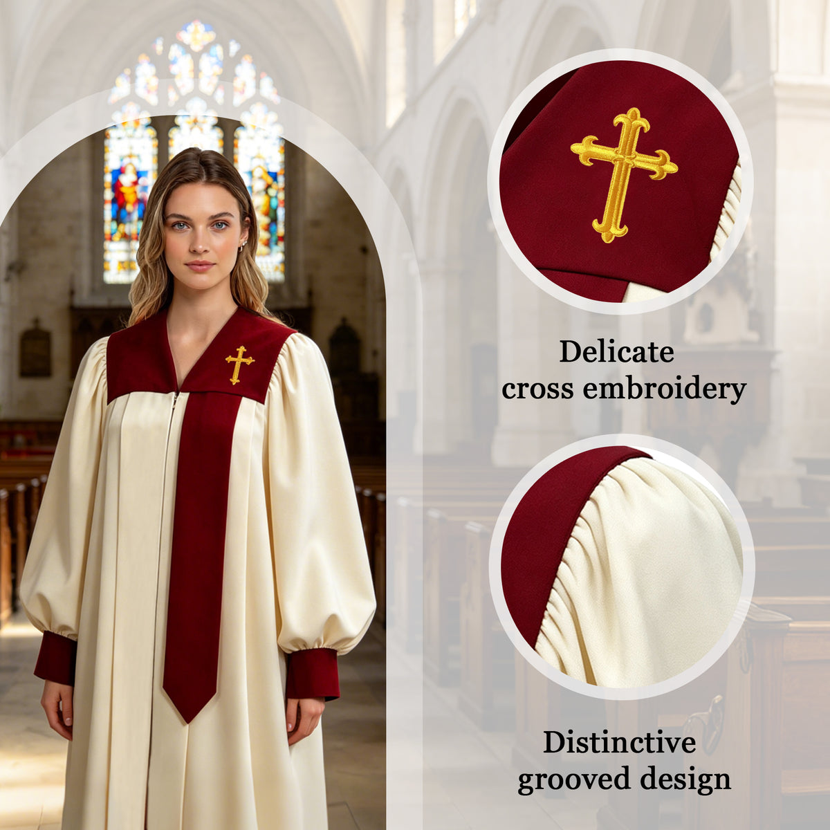 Unisex Adult Choir Robe with Embroidered Design, Matte Carly Church Robe with Maroon Hanging Stole for Choir-CA graduation