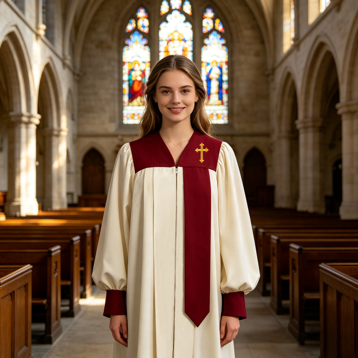 Unisex Adult Choir Robe with Embroidered Design, Matte Carly Church Robe with Maroon Hanging Stole for Choir-CA graduation