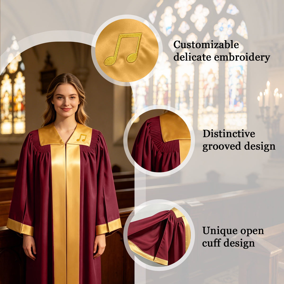 Custom Burgundy Choir Robe with Gold Stole Collar for Choir Performance-CA graduation