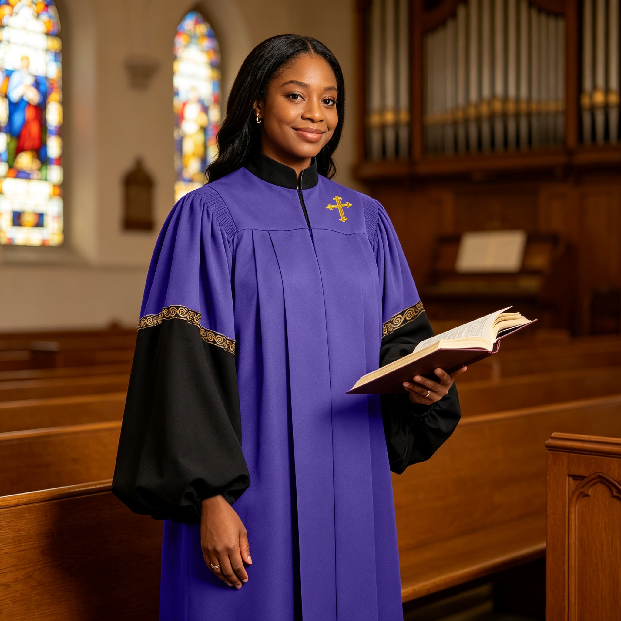Custom Premium Church Choir Vestment Gown with Cross Embroidery-CA graduation