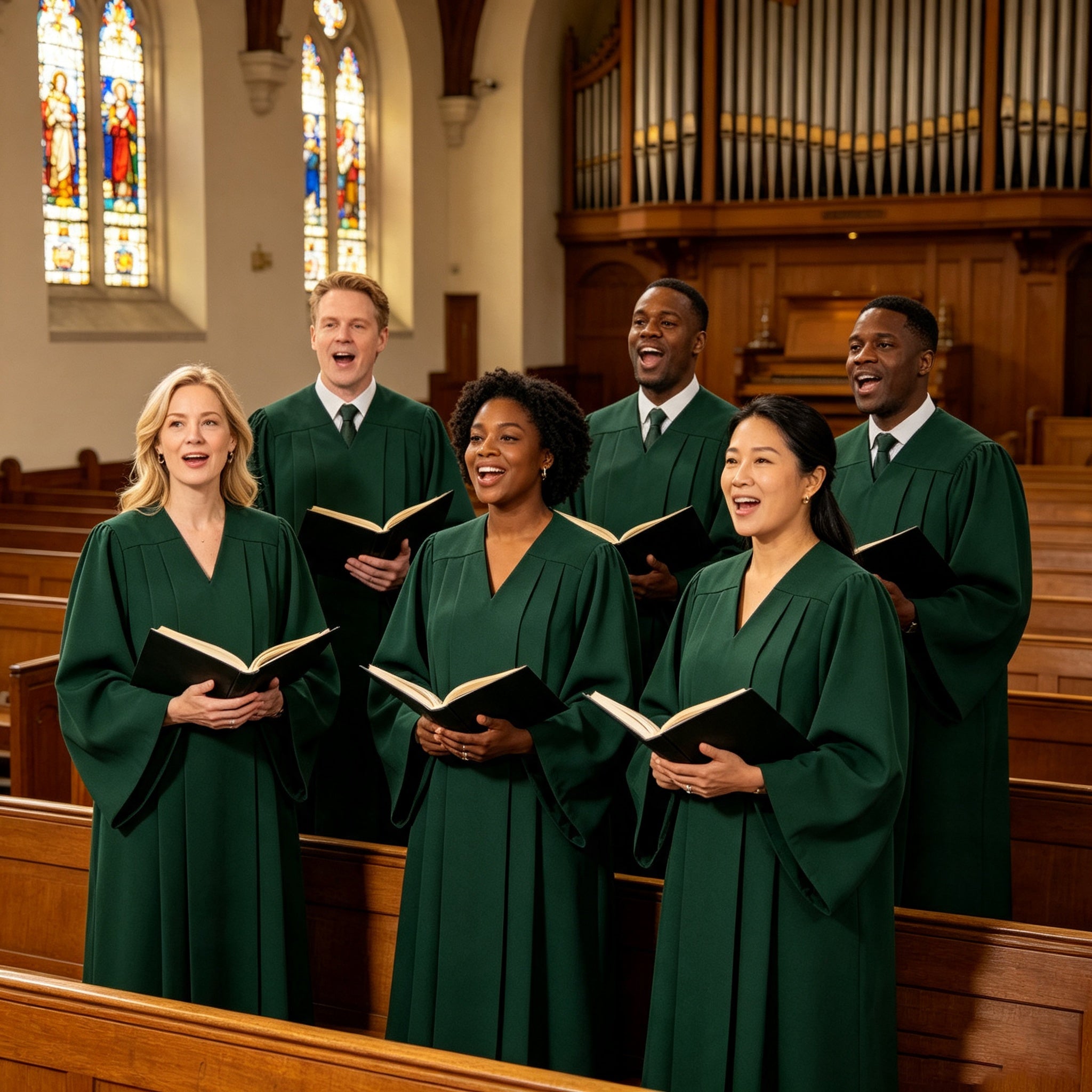 Custom Green Choir Robes for Adults – Long Sleeve Graduation Style Choral Gown with Pleated Front Design-CA graduation