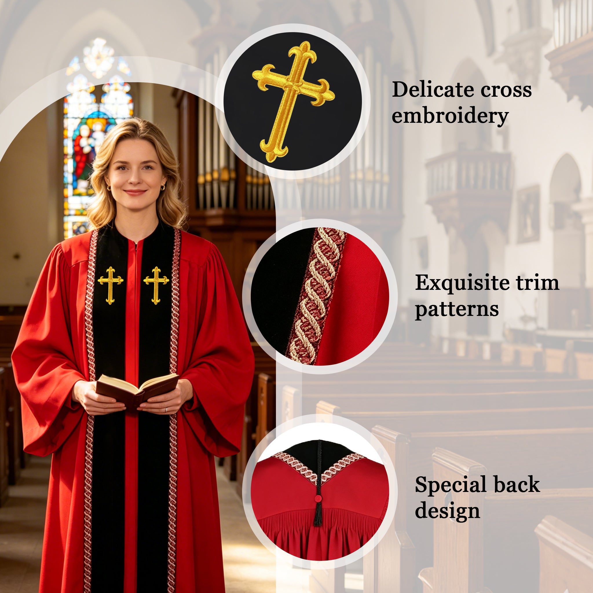 Custom Choir Gown Red and Black Liturgical Robe with Cross Embroidery-CA graduation