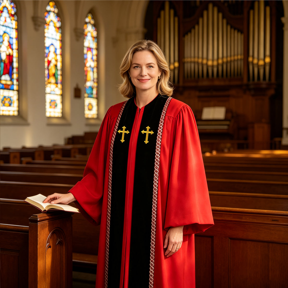 Custom Choir Gown Red and Black Liturgical Robe with Cross Embroidery-CA graduation