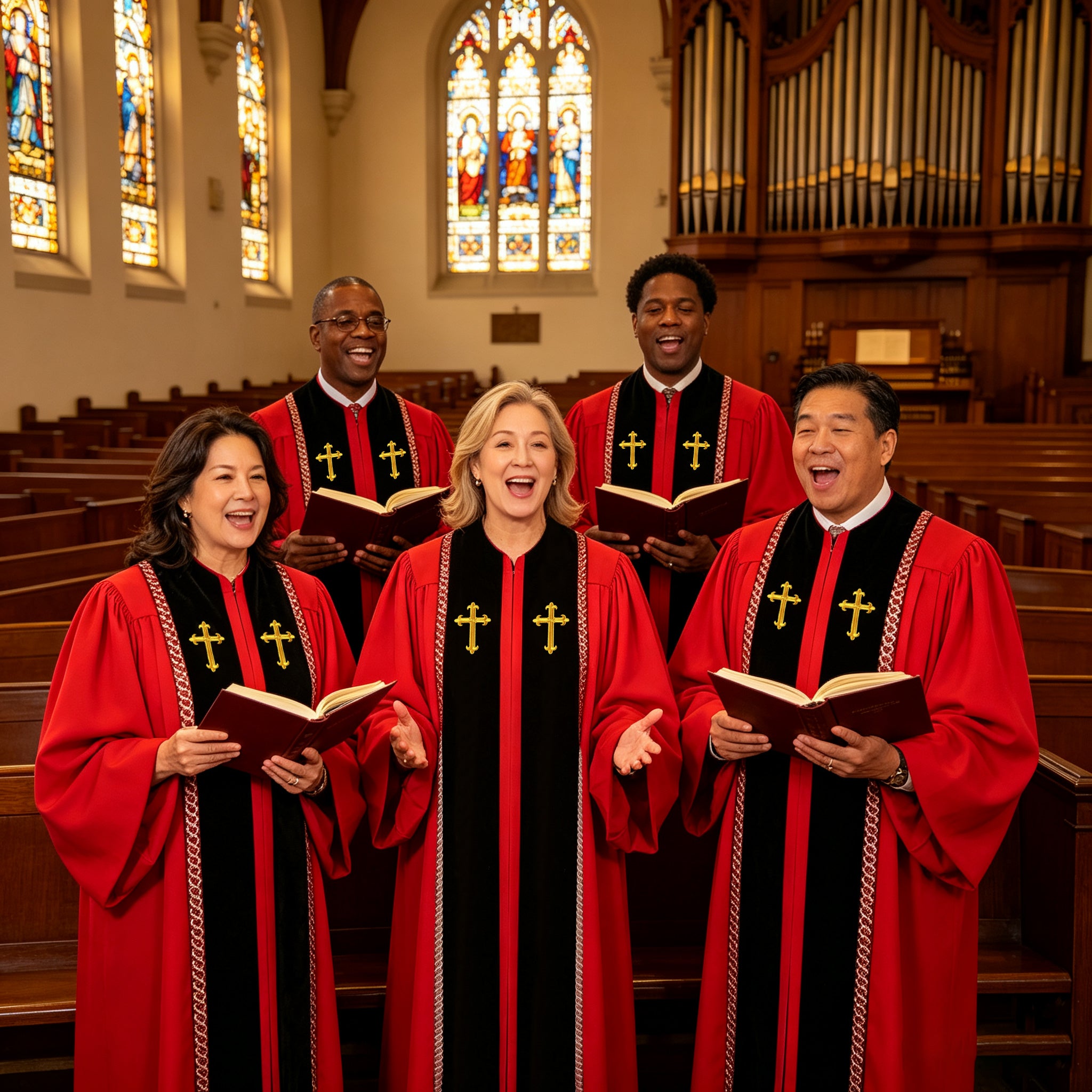 Custom Choir Gown Red and Black Liturgical Robe with Cross Embroidery-CA graduation