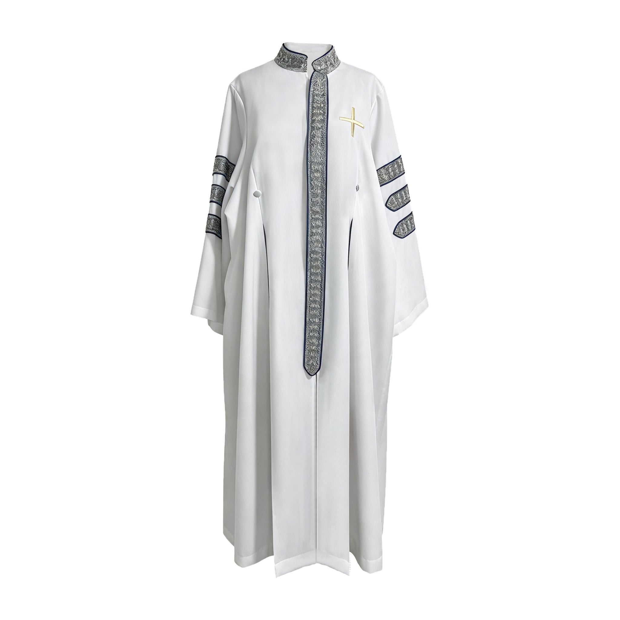Custom White Clergy Robe with Cross Embroidery & Silver Trim | Church Vestment for Priest and Choir-CA graduation