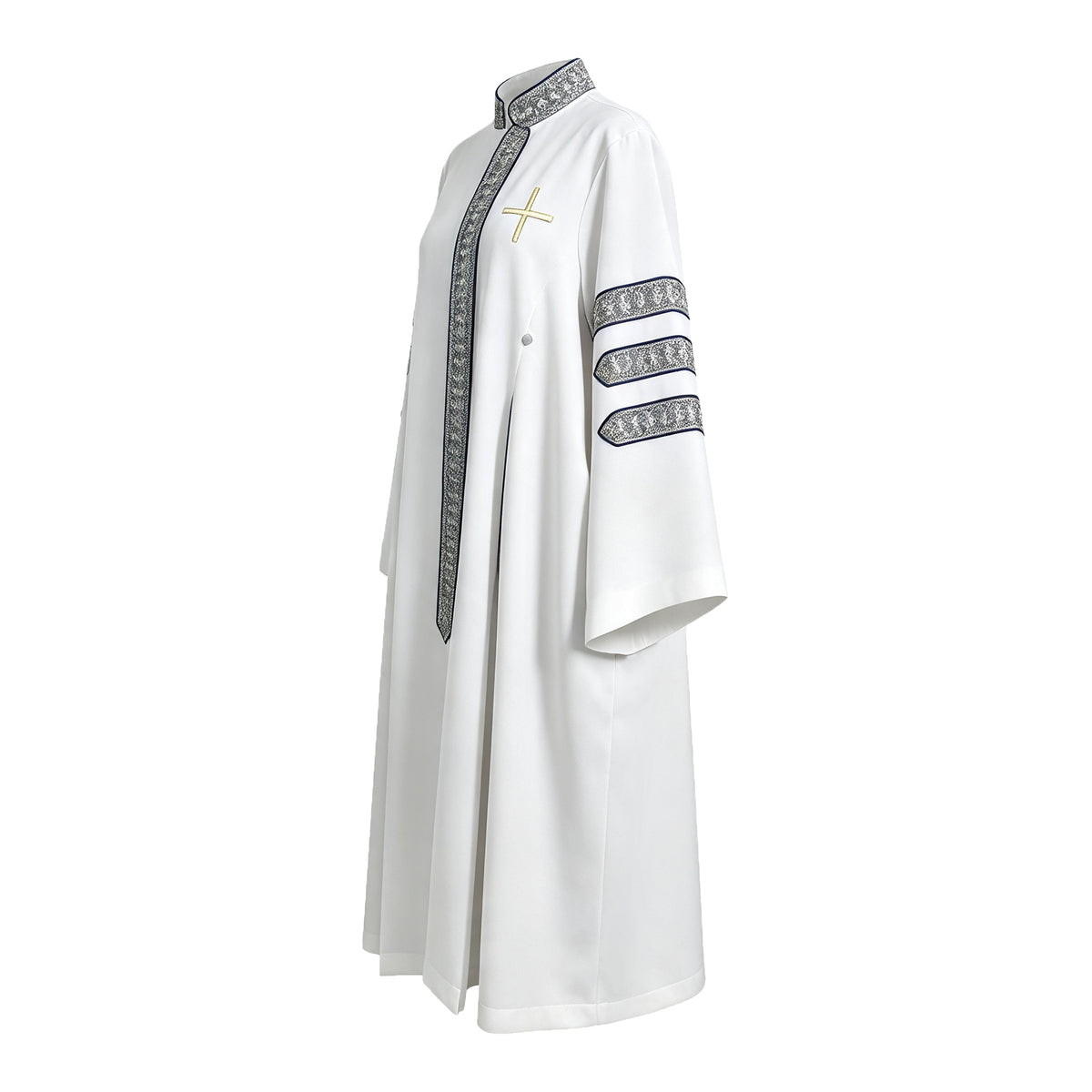 Custom White Clergy Robe with Cross Embroidery & Silver Trim | Church Vestment for Priest and Choir-CA graduation
