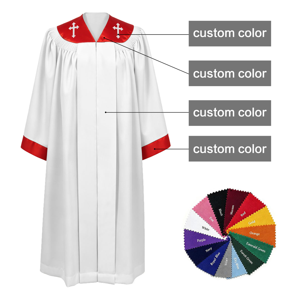 Custom White Choir Robes with Red Cross Stole Collar | Church Choir Vestments for Singers-CA graduation