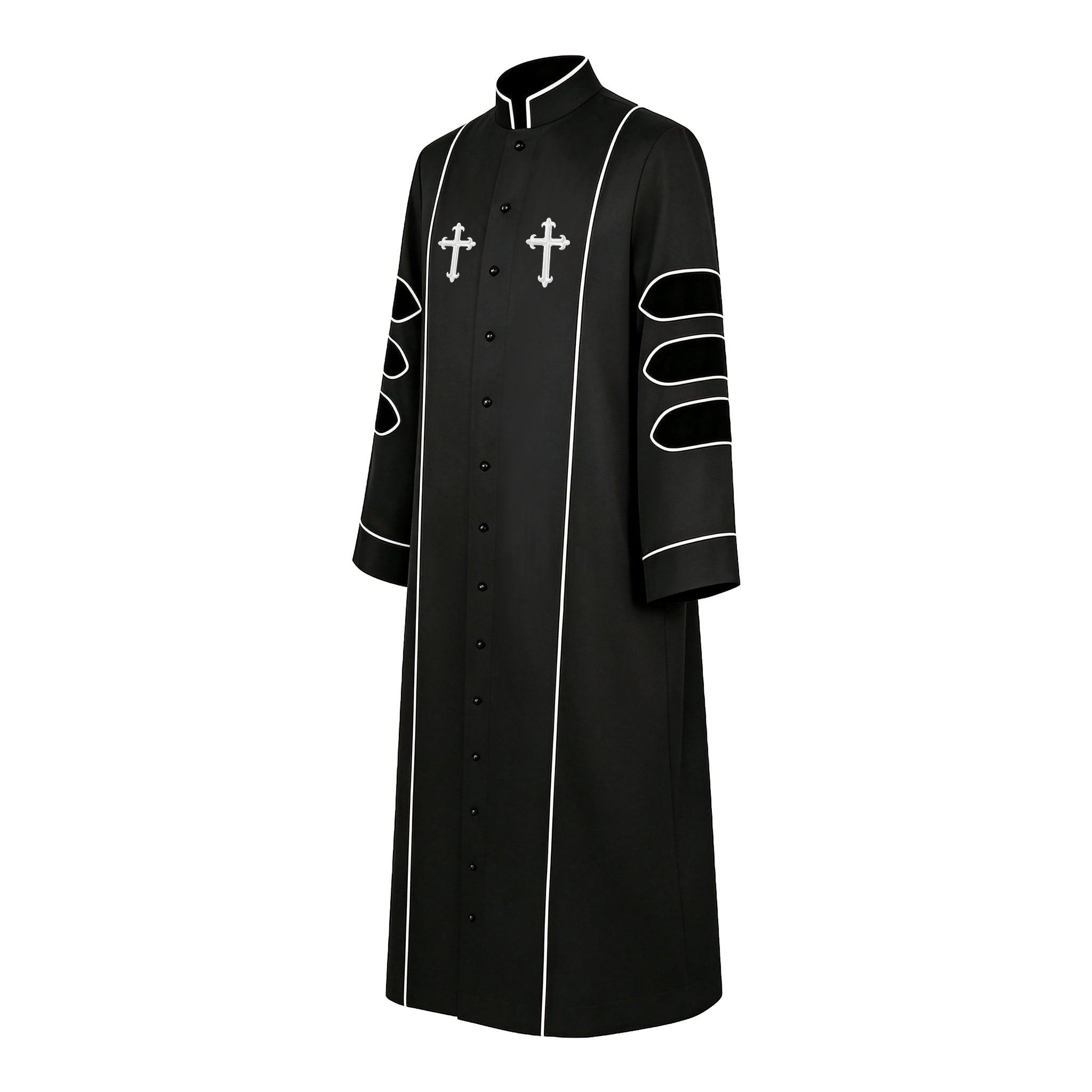 Pastor Clergy Robe Set with Cross | Black Button-Down Church Ministry Robe with White Trim-CA graduation