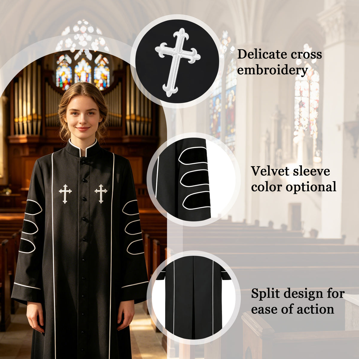 Pastor Clergy Robe Set with Cross | Black Button-Down Church Ministry Robe with White Trim-CA graduation