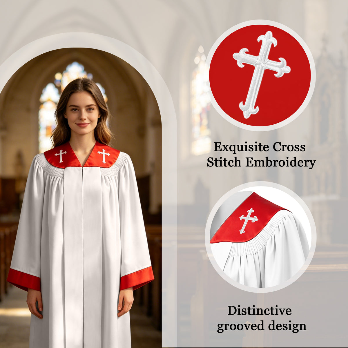Custom White Choir Robes with Red Cross Stole Collar | Church Choir Vestments for Singers-CA graduation