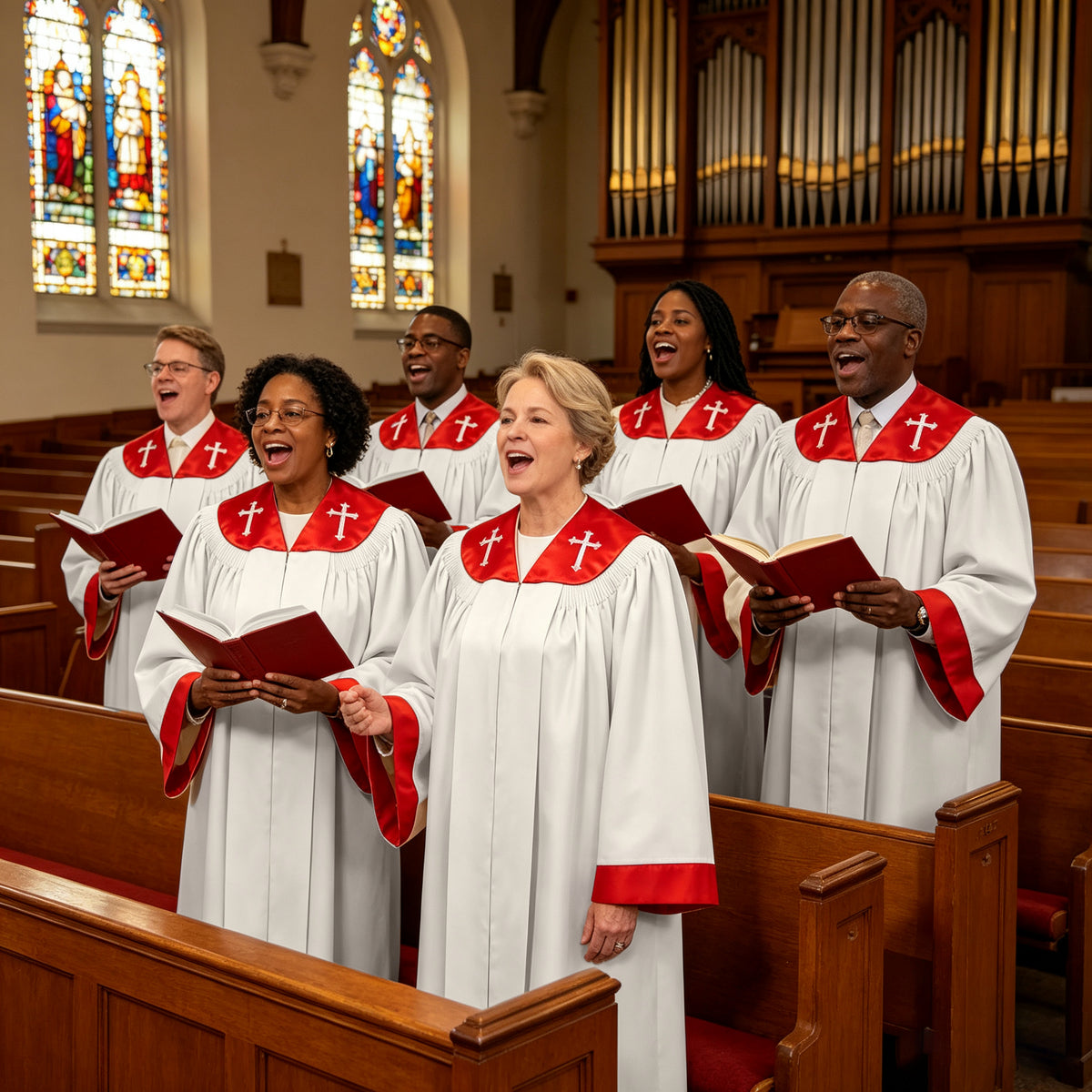 Custom White Choir Robes with Red Cross Stole Collar | Church Choir Vestments for Singers-CA graduation