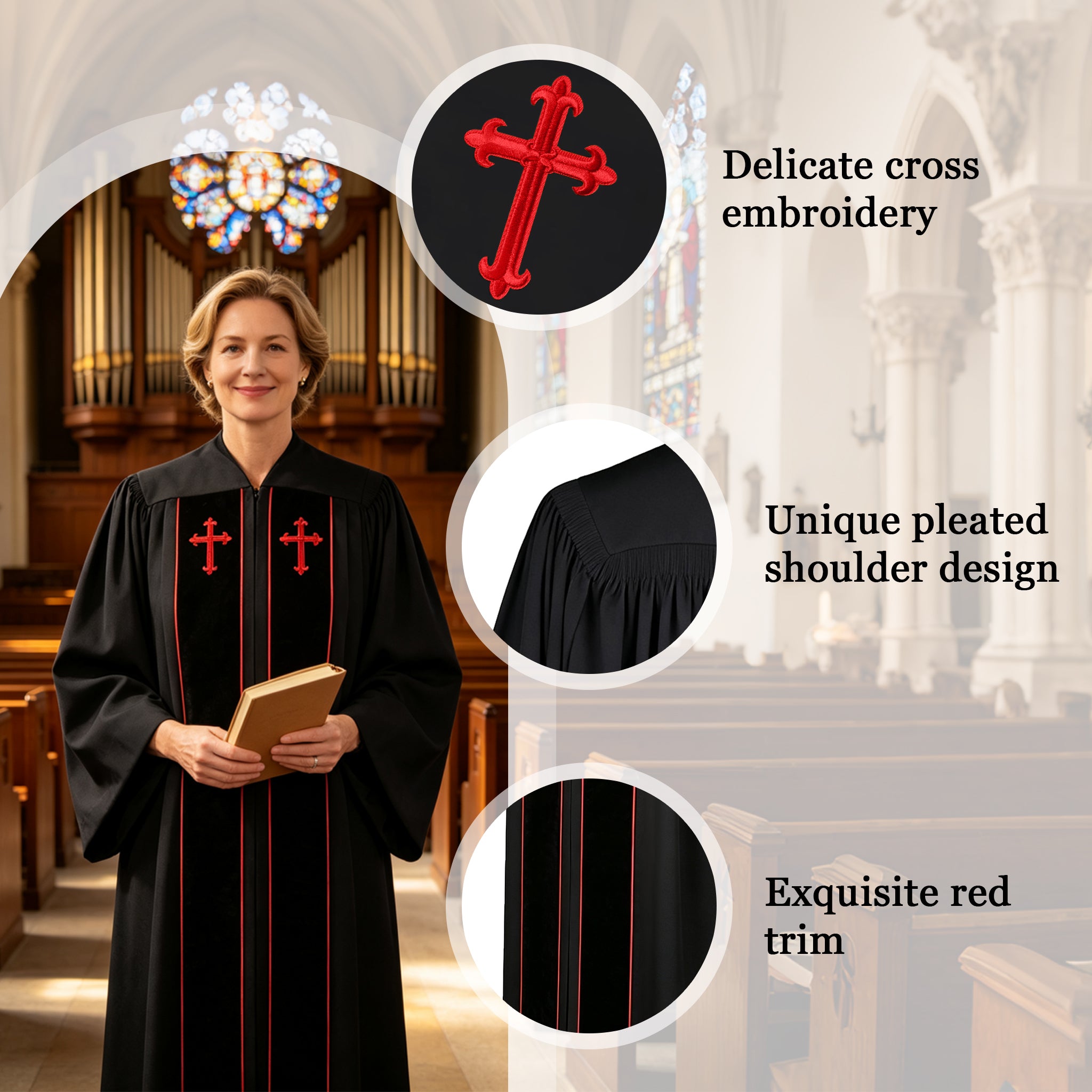 Custom Black Clergy Robe with Red Cross Embroidery – Personalized Pastor Vestment Choir Minister Gown for Church Ceremony-CA graduation