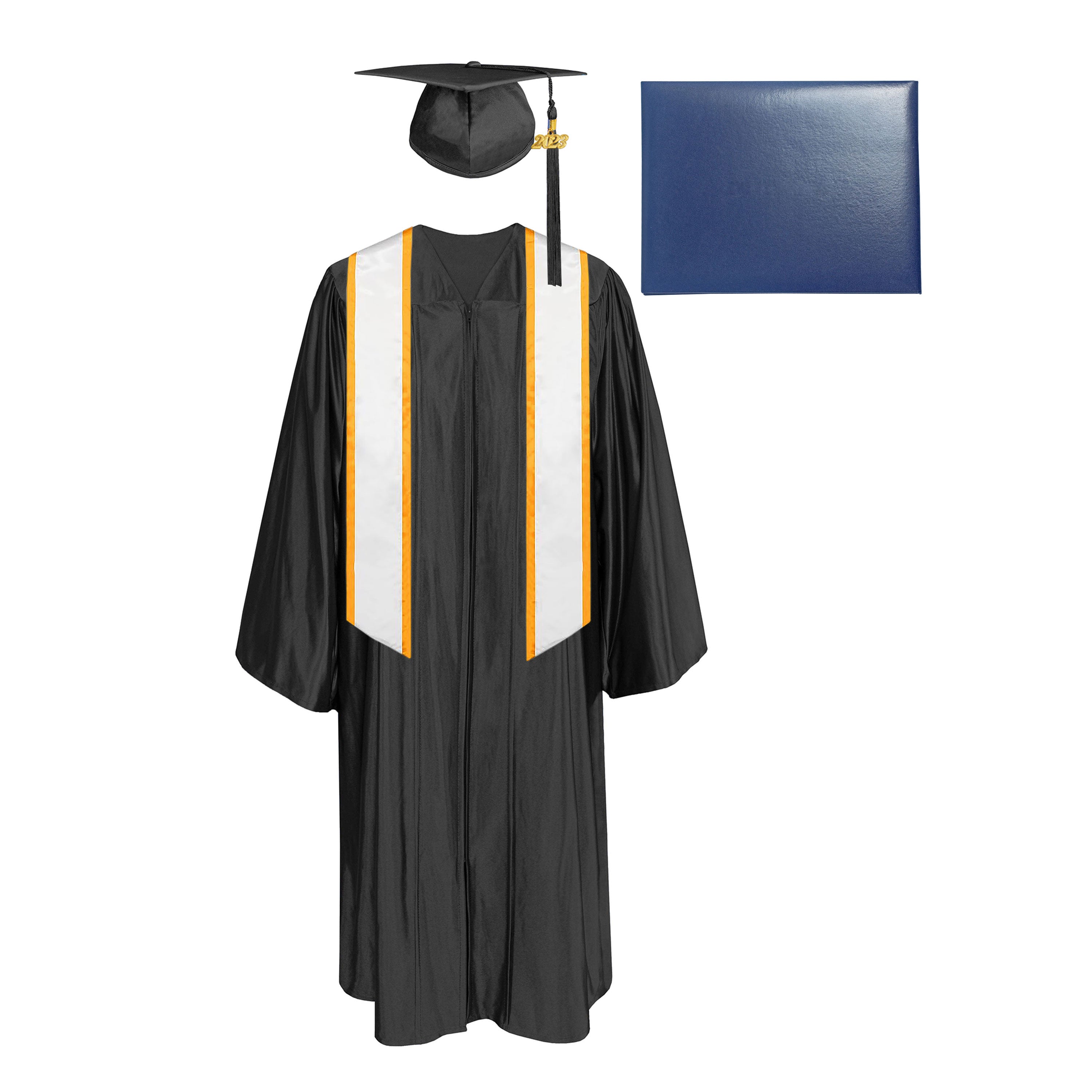 Shiny Cap, Gown, Tassel,Honor Stole Angled End with Trim 72” & Diploma Cover Package-CA graduation