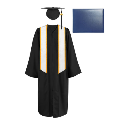 Matte Cap, Gown, Tassel,Honor Stole Angled End with Trim 72” & Diploma Cover Package-CA graduation