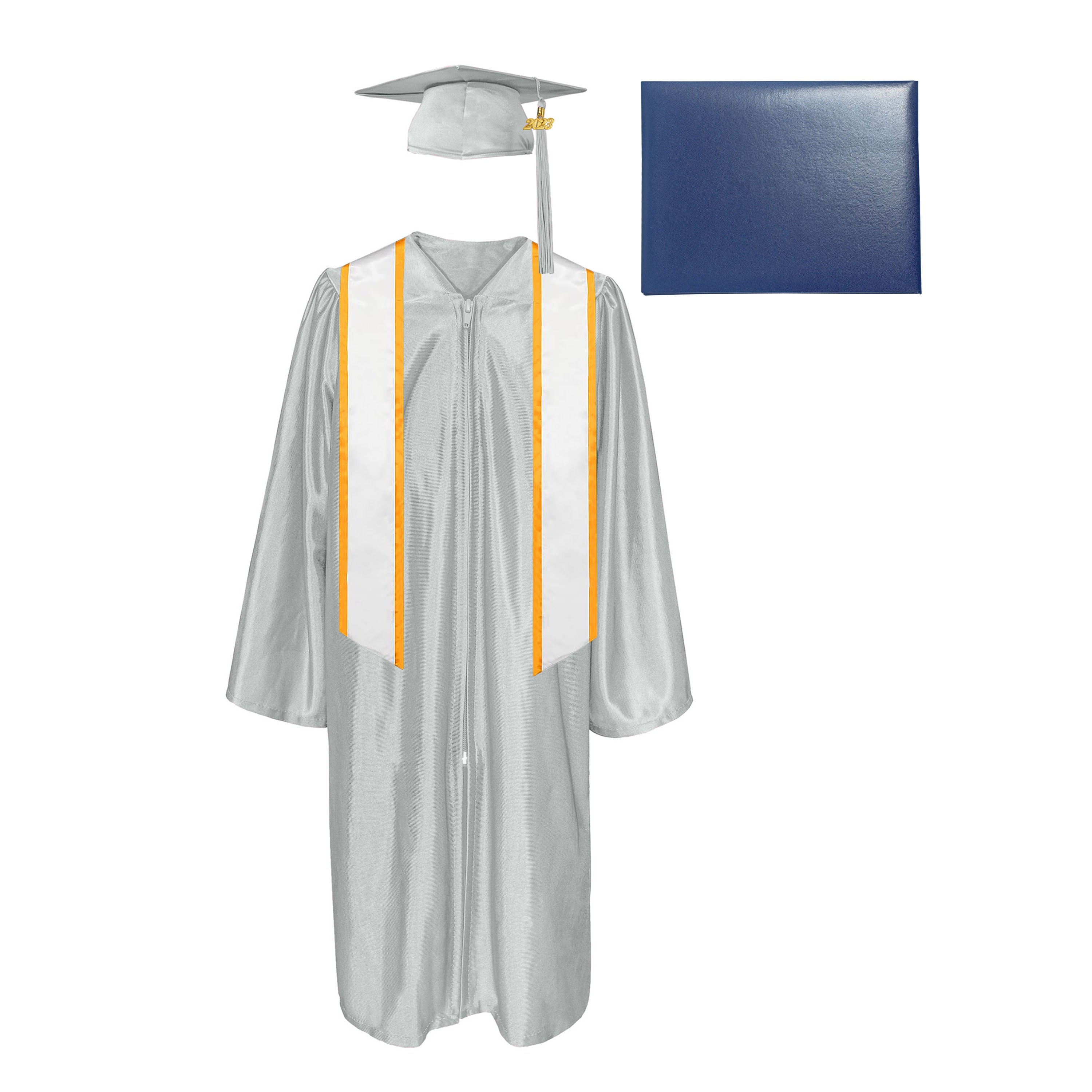 Shiny Cap, Gown, Tassel,Honor Stole Angled End with Trim 72” & Diploma Cover Package-CA graduation