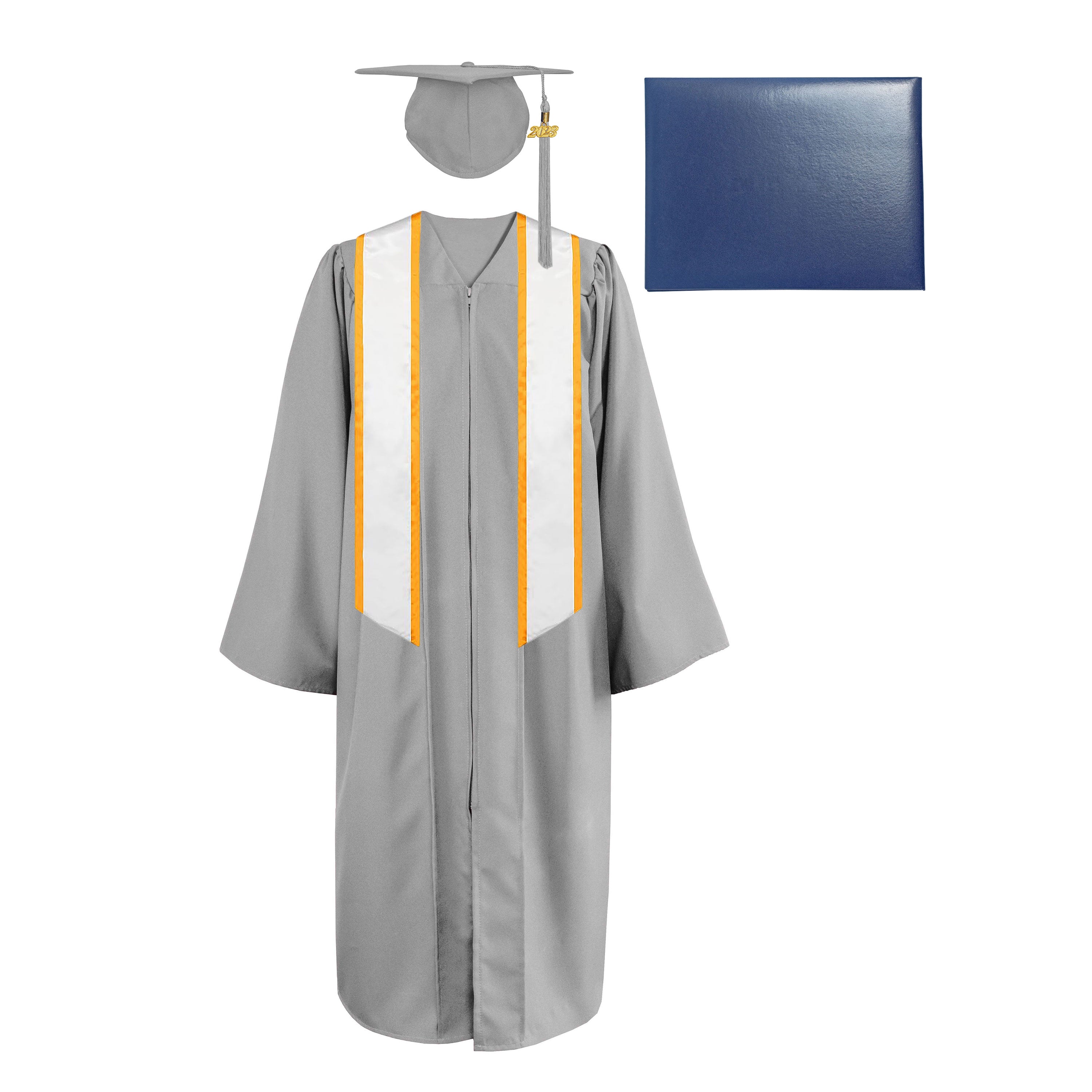 Matte Cap, Gown, Tassel,Honor Stole Angled End with Trim 72” & Diploma Cover Package-CA graduation