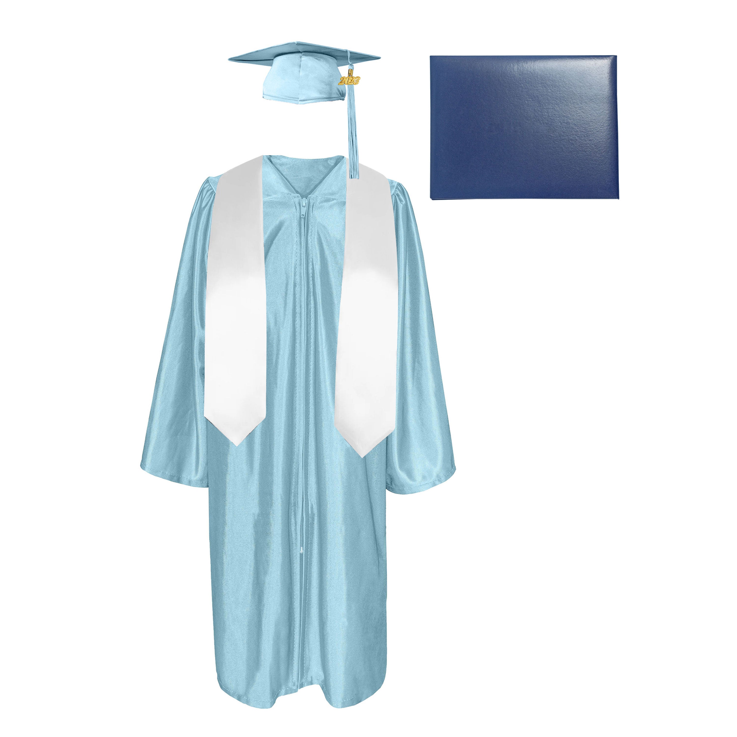 Shiny Cap, Gown, Tassel,Plain Graduation Stole 60” & Diploma Cover Package-CA graduation