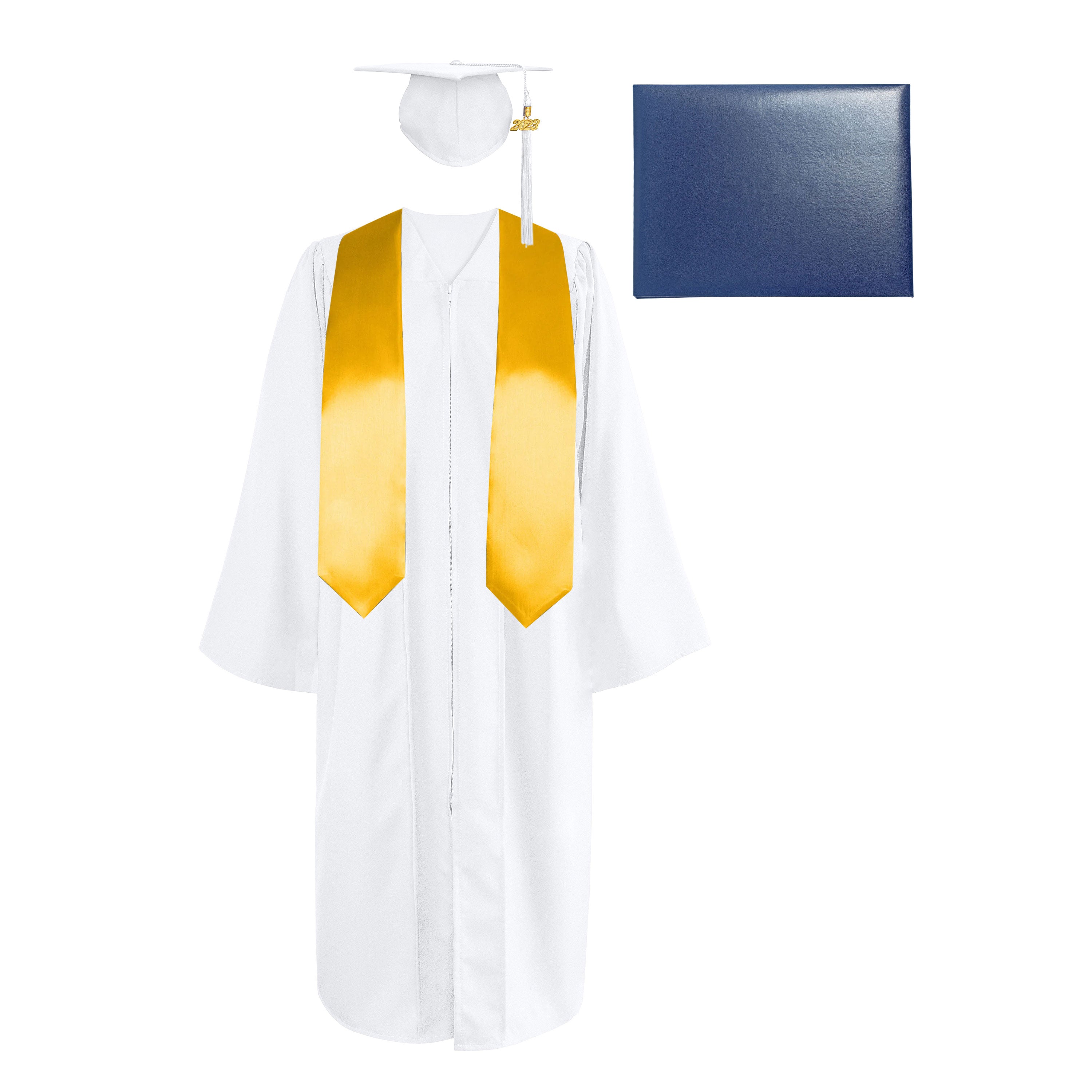 Matte Cap, Gown, Tassel,Plain Graduation Stole 60” & Diploma Cover Package-CA graduation