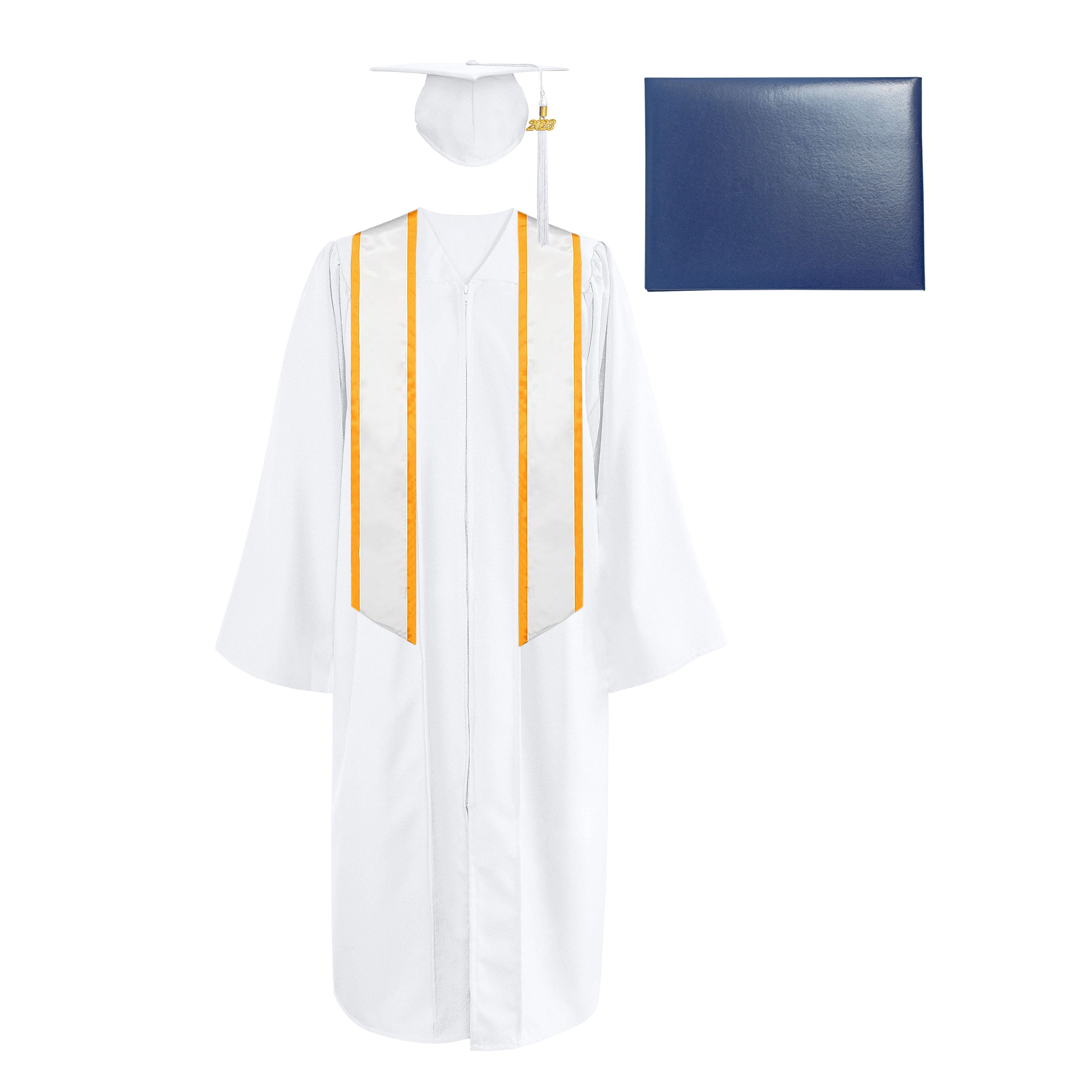 Matte Cap, Gown, Tassel,Honor Stole Angled End with Trim 72” & Diploma Cover Package-CA graduation