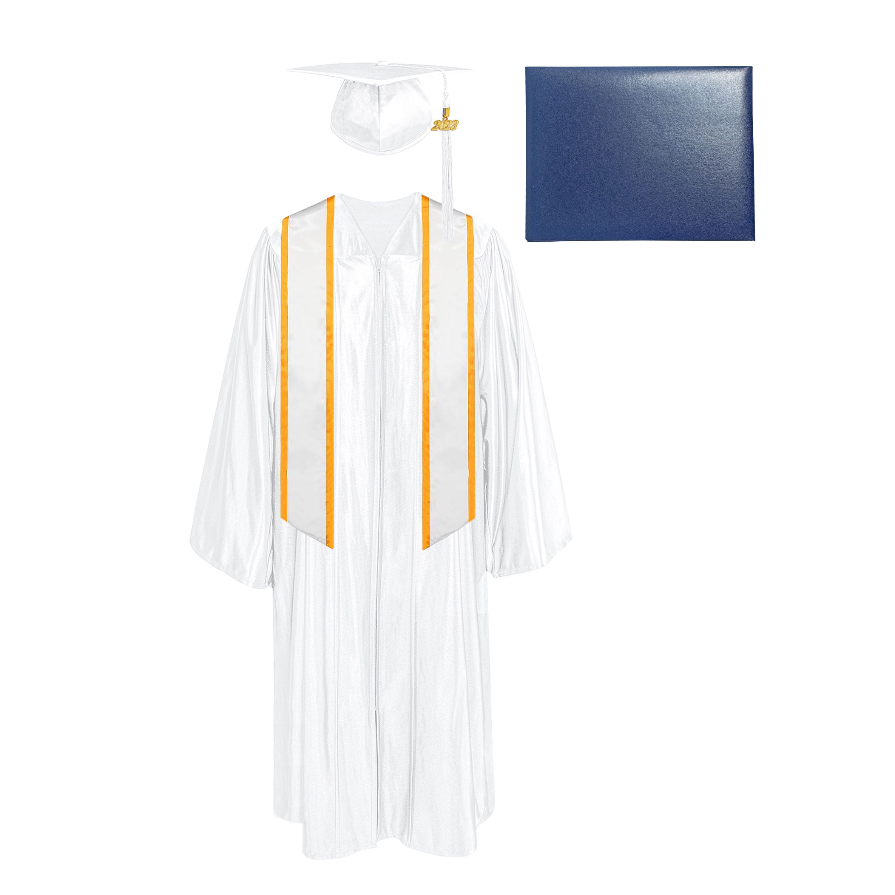 Shiny Cap, Gown, Tassel,Honor Stole Angled End with Trim 72” & Diploma Cover Package-CA graduation