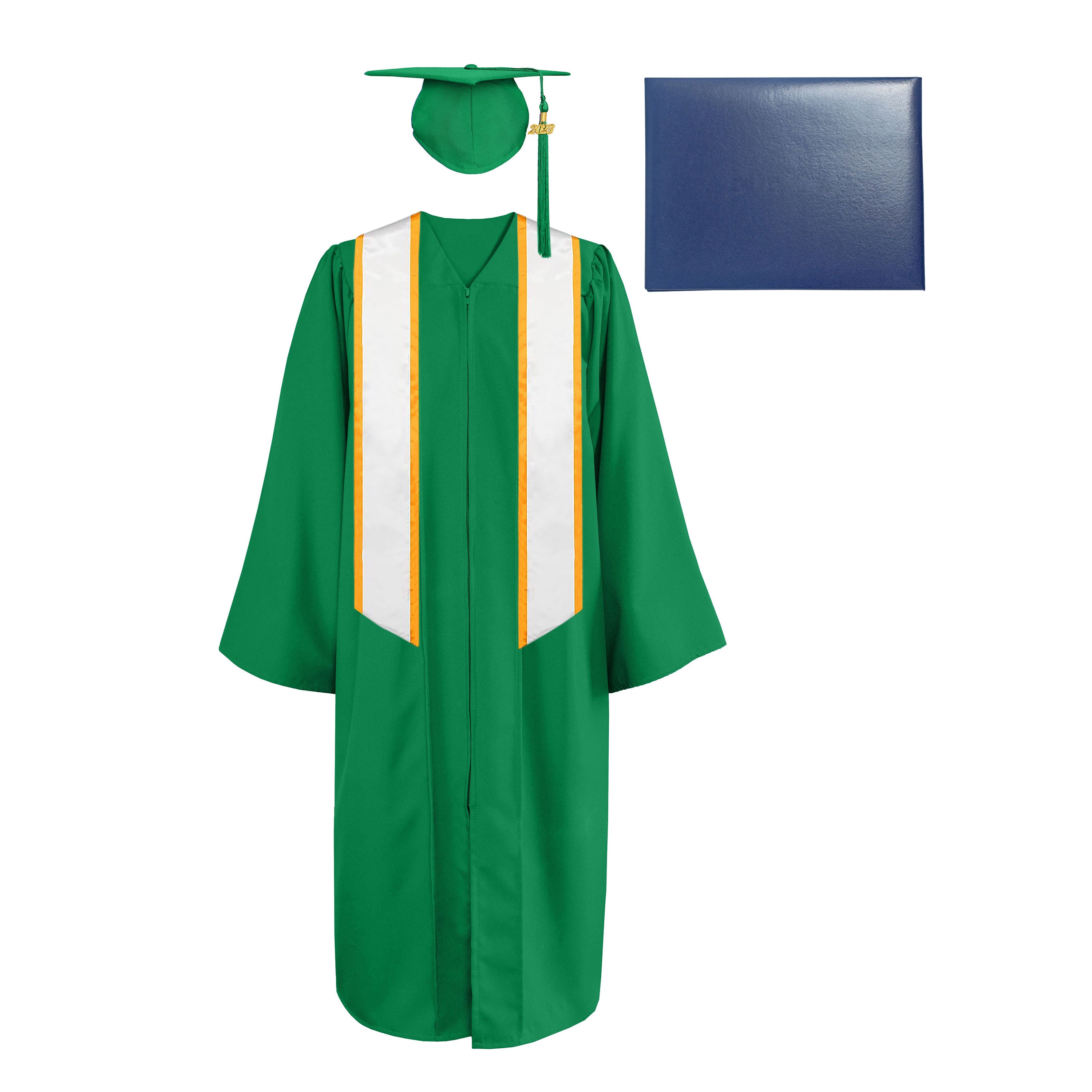 Matte Cap, Gown, Tassel,Honor Stole Angled End with Trim 72” & Diploma Cover Package-CA graduation