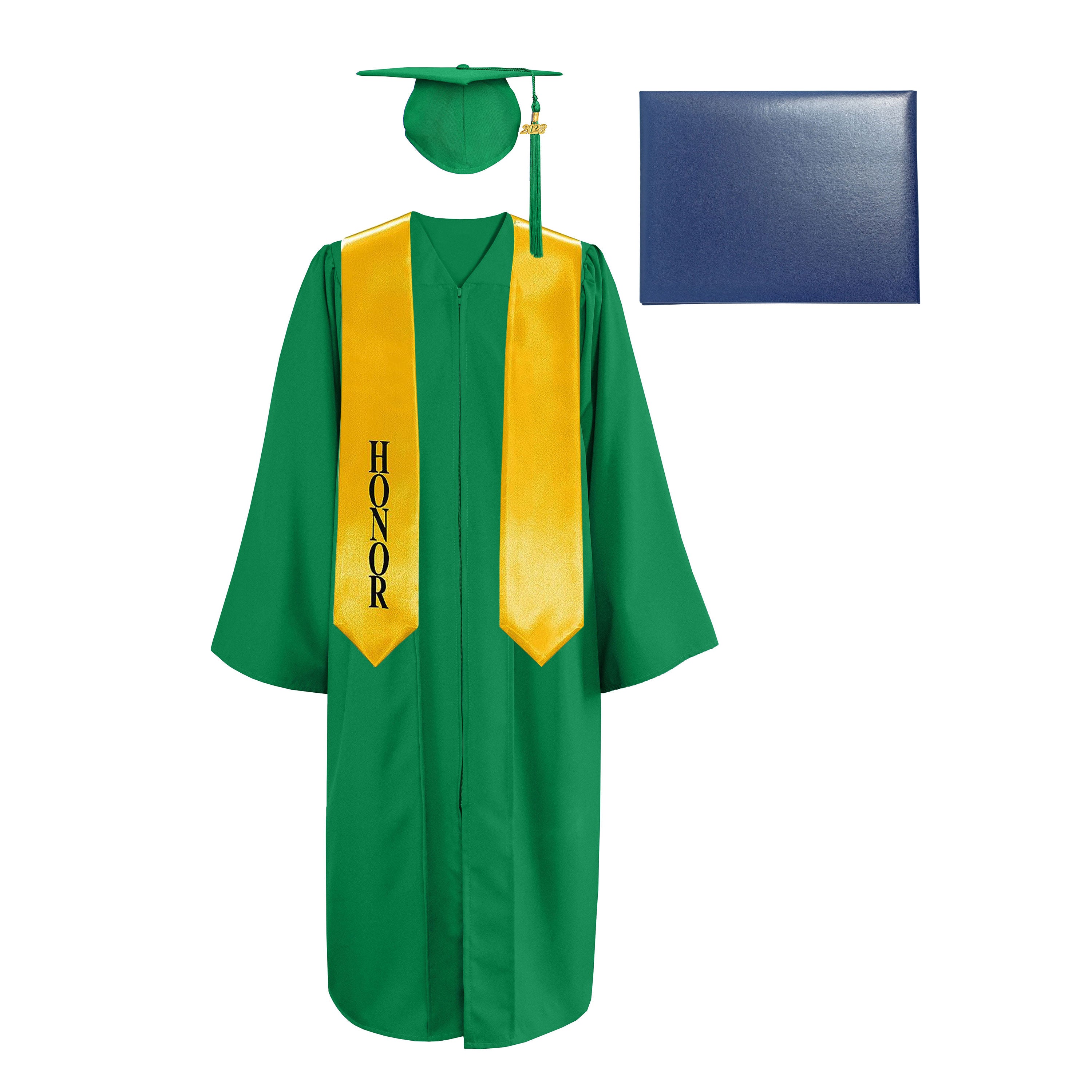 Matte Cap, Gown, Tassel,Honor Stole 60”& Diploma Cover Package-CA graduation