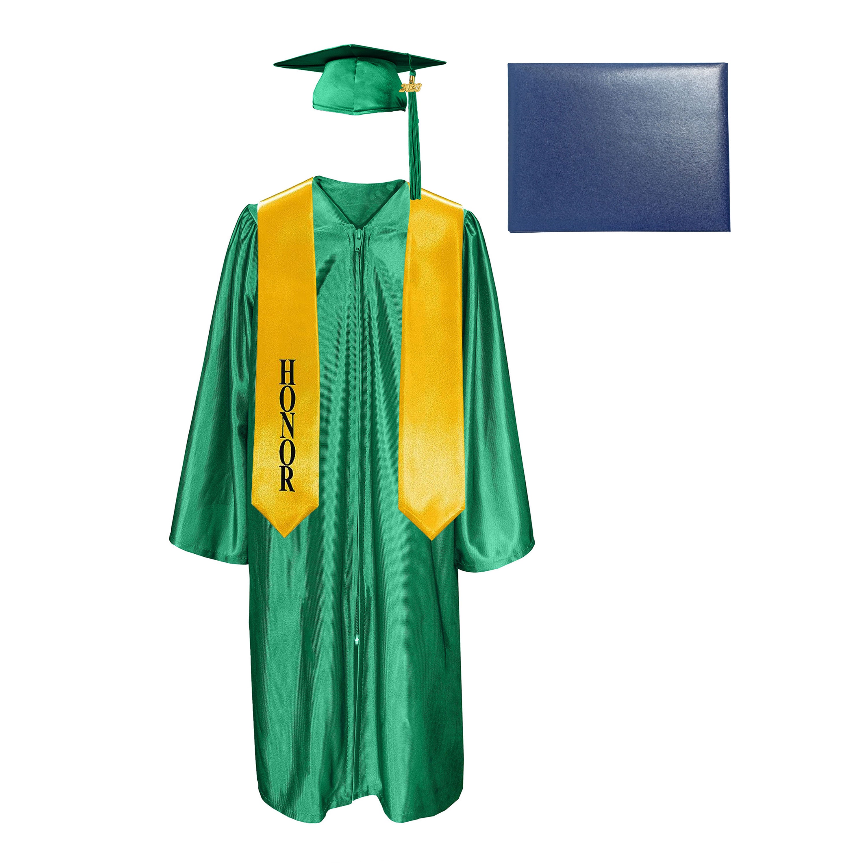Shiny Cap, Gown, Tassel,Honor Stole 60”& Diploma Cover Package-CA graduation