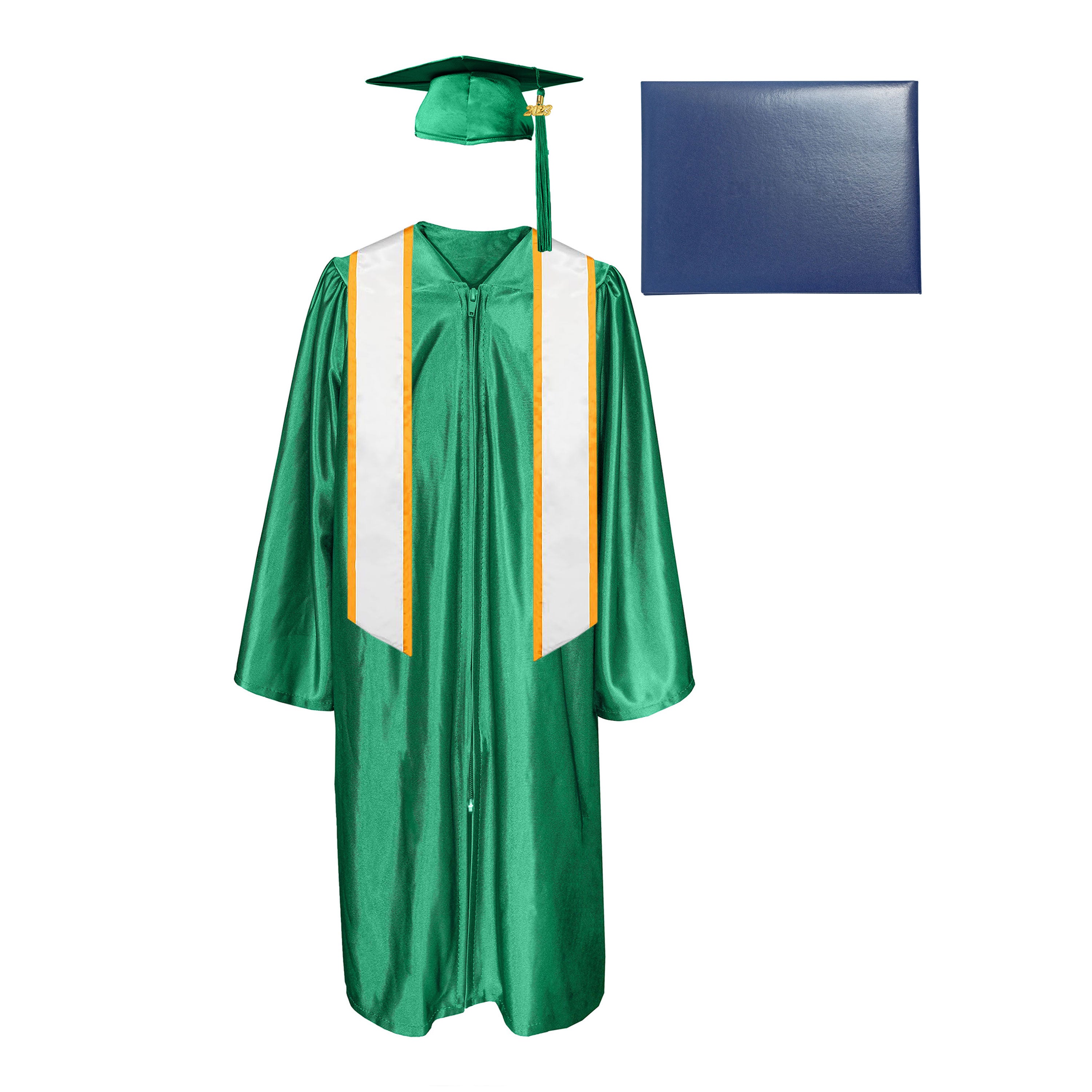 Shiny Cap, Gown, Tassel,Honor Stole Angled End with Trim 72” & Diploma Cover Package-CA graduation