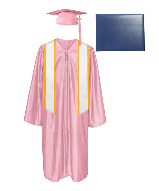 Shiny Cap, Gown, Tassel,Honor Stole Angled End with Trim 72” & Diploma Cover Package-CA graduation