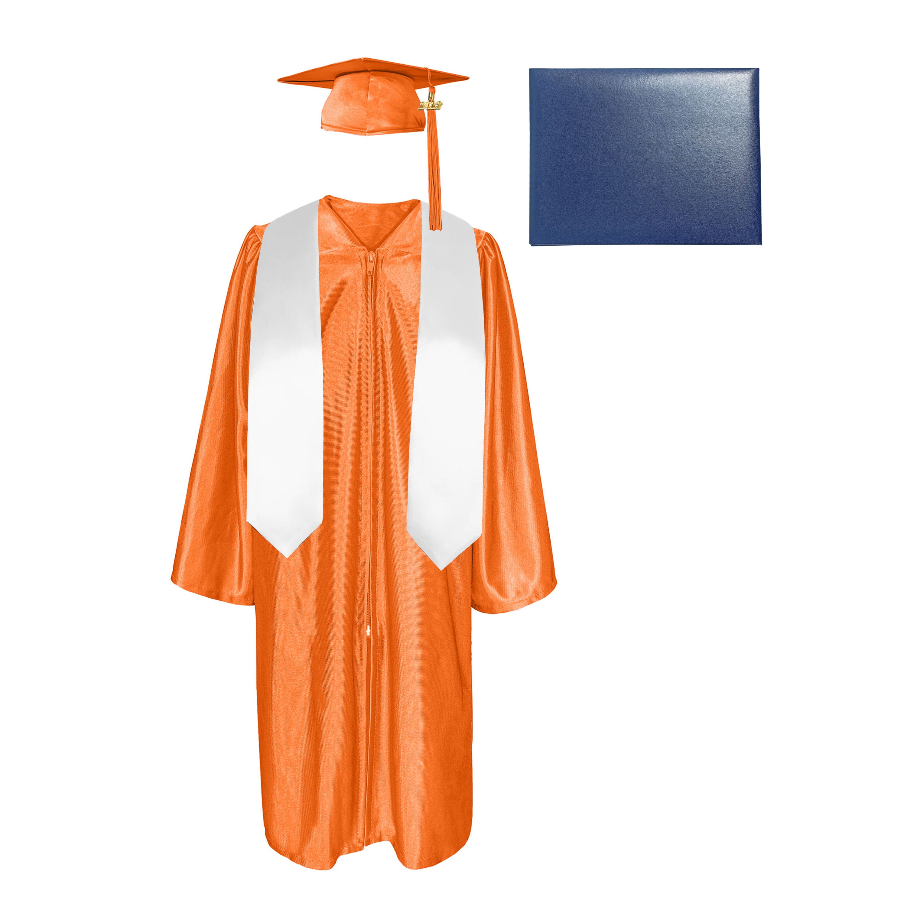 Shiny Cap, Gown, Tassel,Plain Graduation Stole 60” & Diploma Cover Package-CA graduation