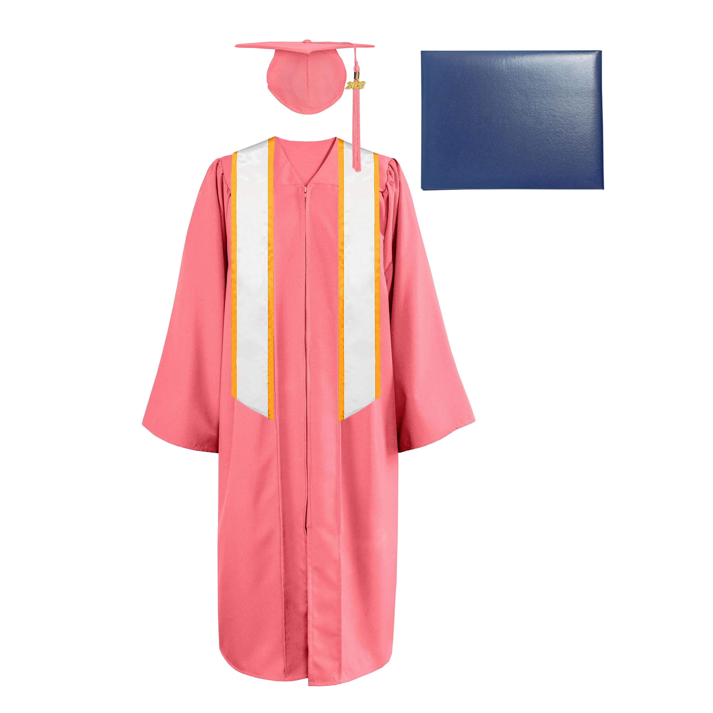 Matte Cap, Gown, Tassel,Honor Stole Angled End with Trim 72” & Diploma Cover Package-CA graduation