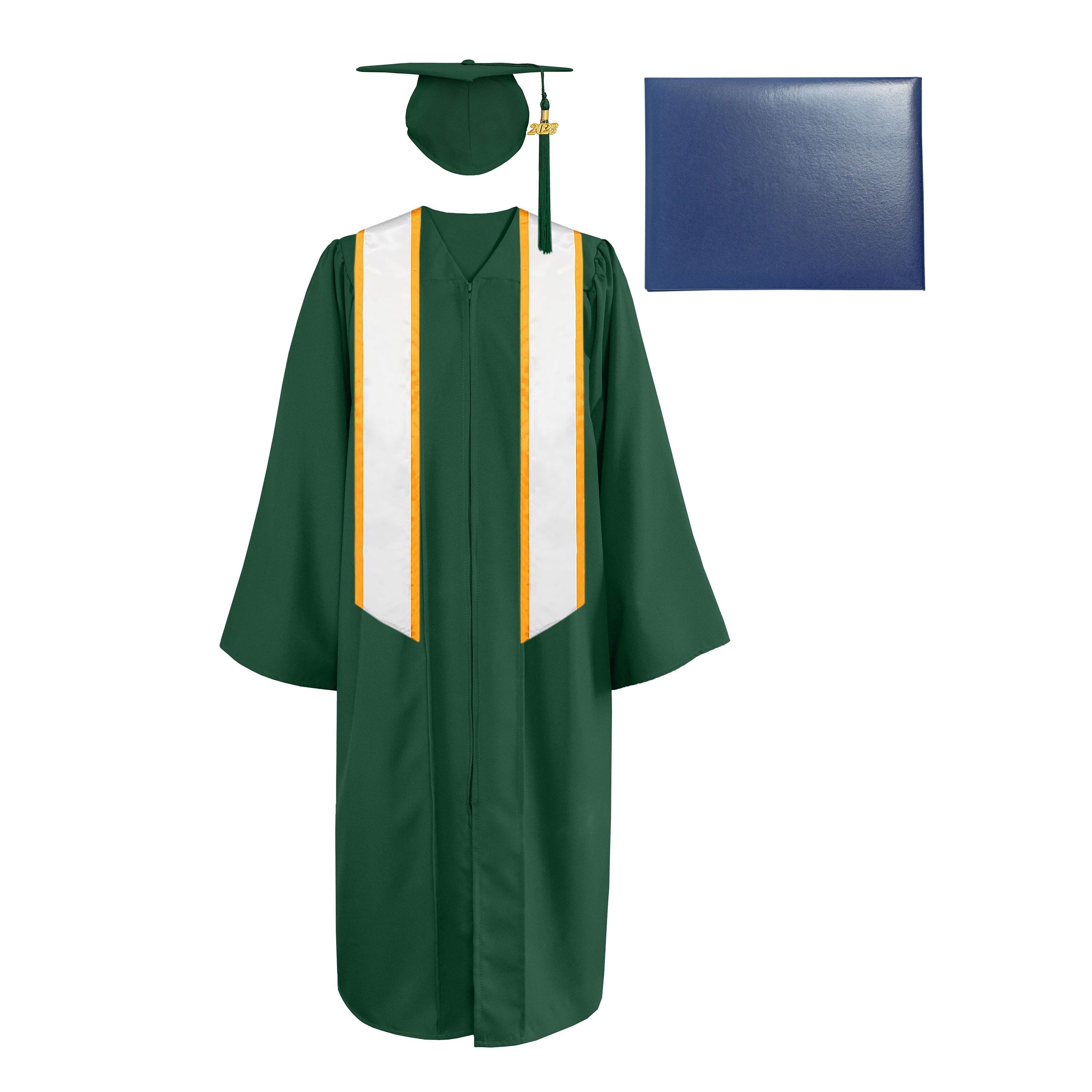 Matte Cap, Gown, Tassel,Honor Stole Angled End with Trim 72” & Diploma Cover Package-CA graduation