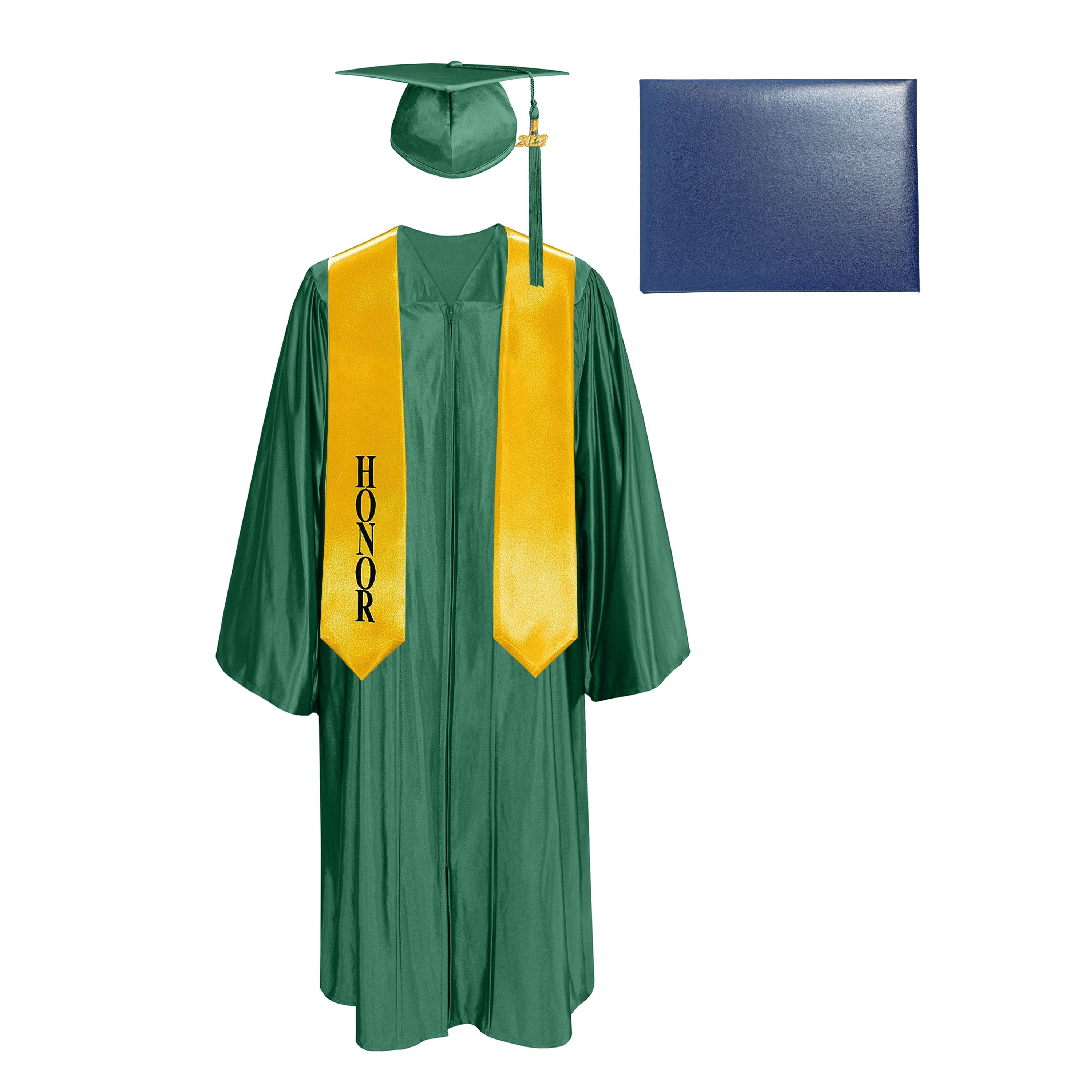 Shiny Cap, Gown, Tassel,Honor Stole 60”& Diploma Cover Package-CA graduation