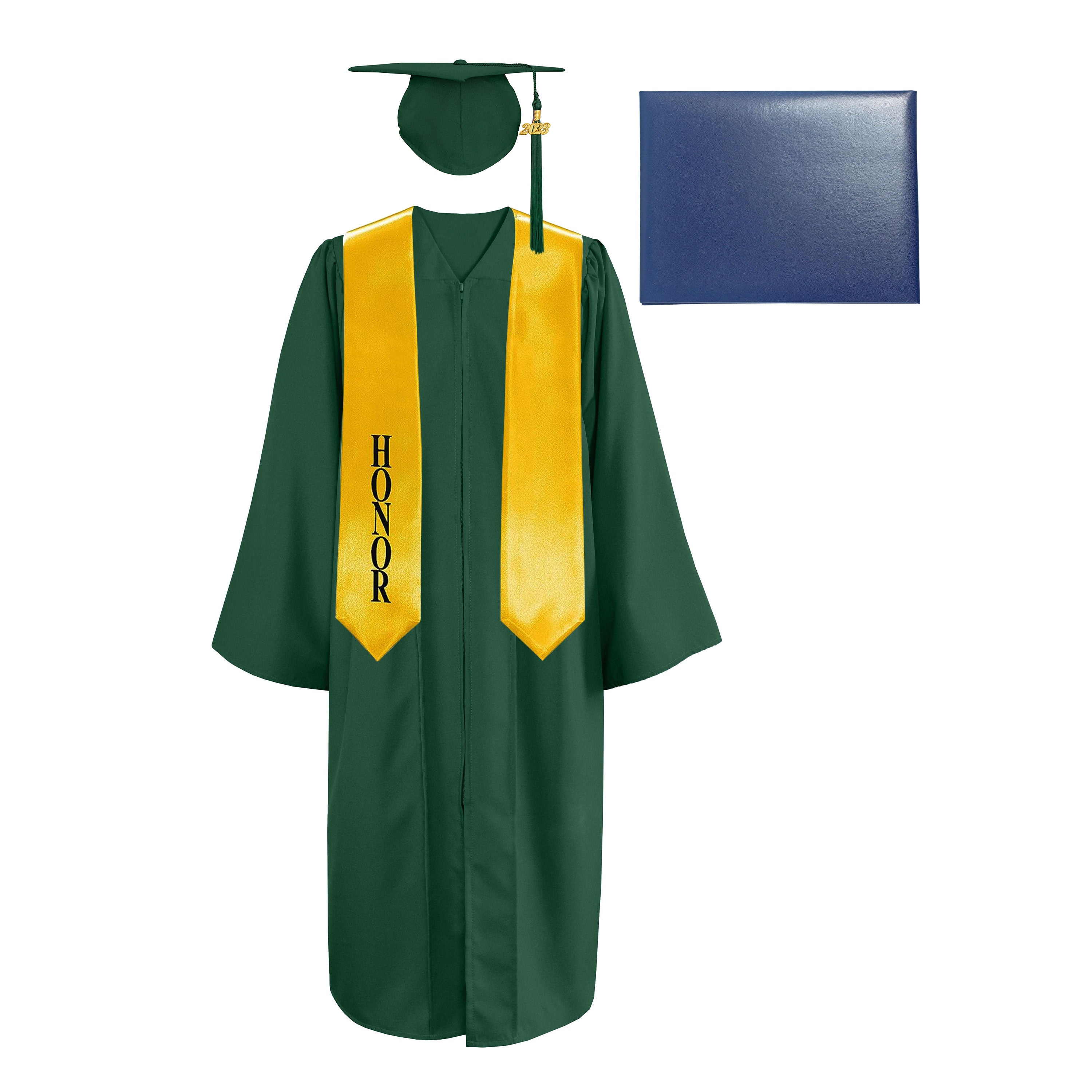 Matte Cap, Gown, Tassel,Honor Stole 60”& Diploma Cover Package-CA graduation