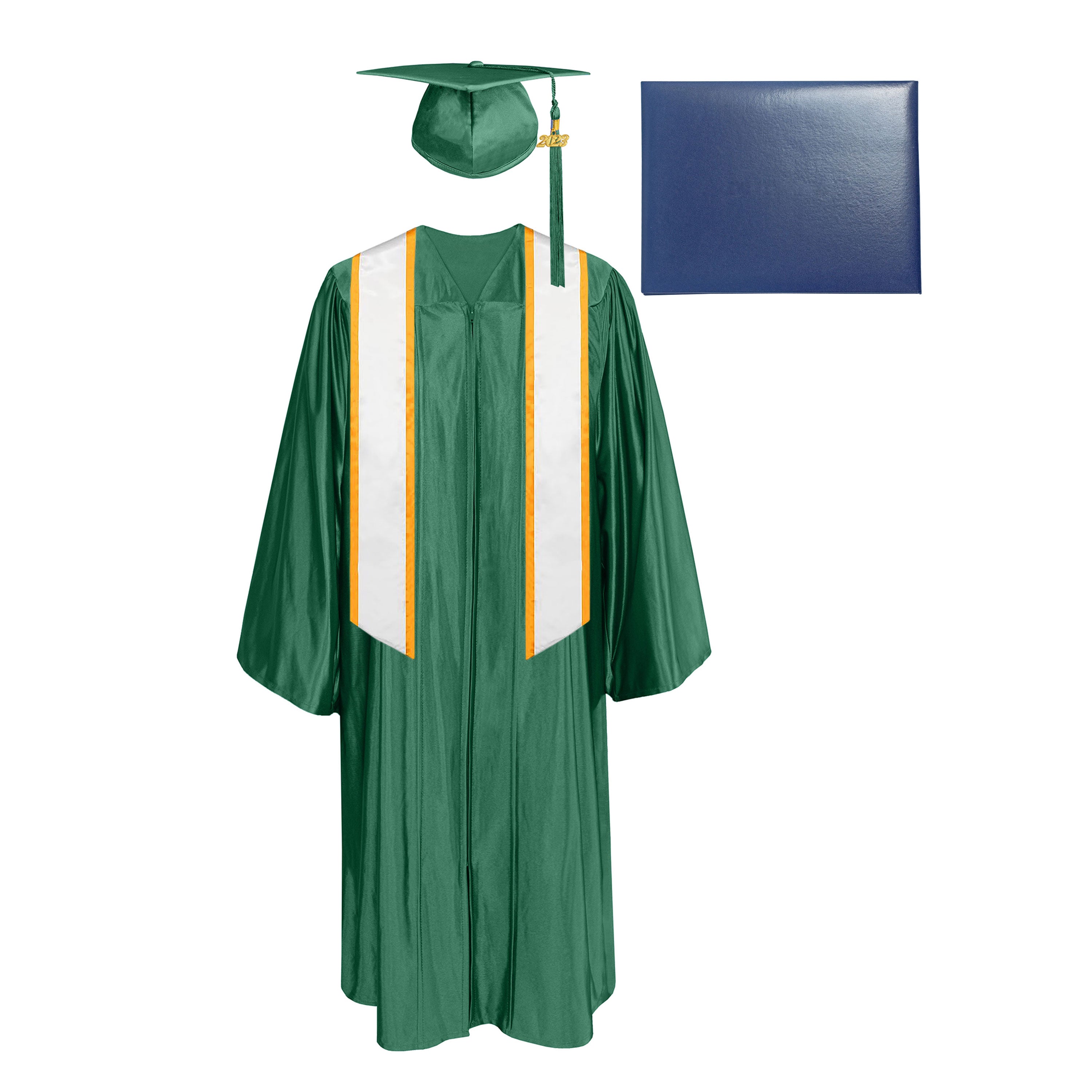 Shiny Cap, Gown, Tassel,Honor Stole Angled End with Trim 72” & Diploma Cover Package-CA graduation