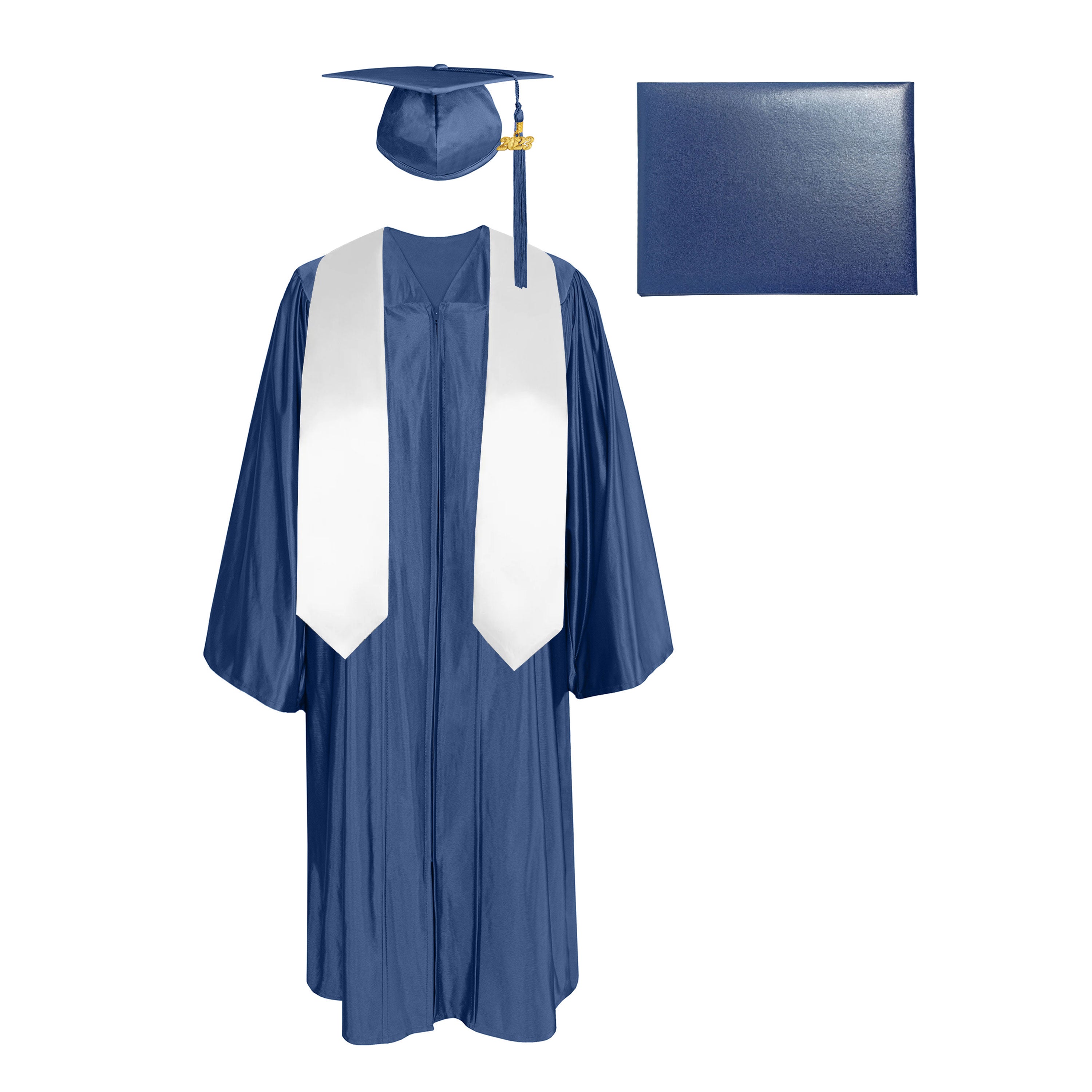 Shiny Cap, Gown, Tassel,Plain Graduation Stole 60” & Diploma Cover Package-CA graduation