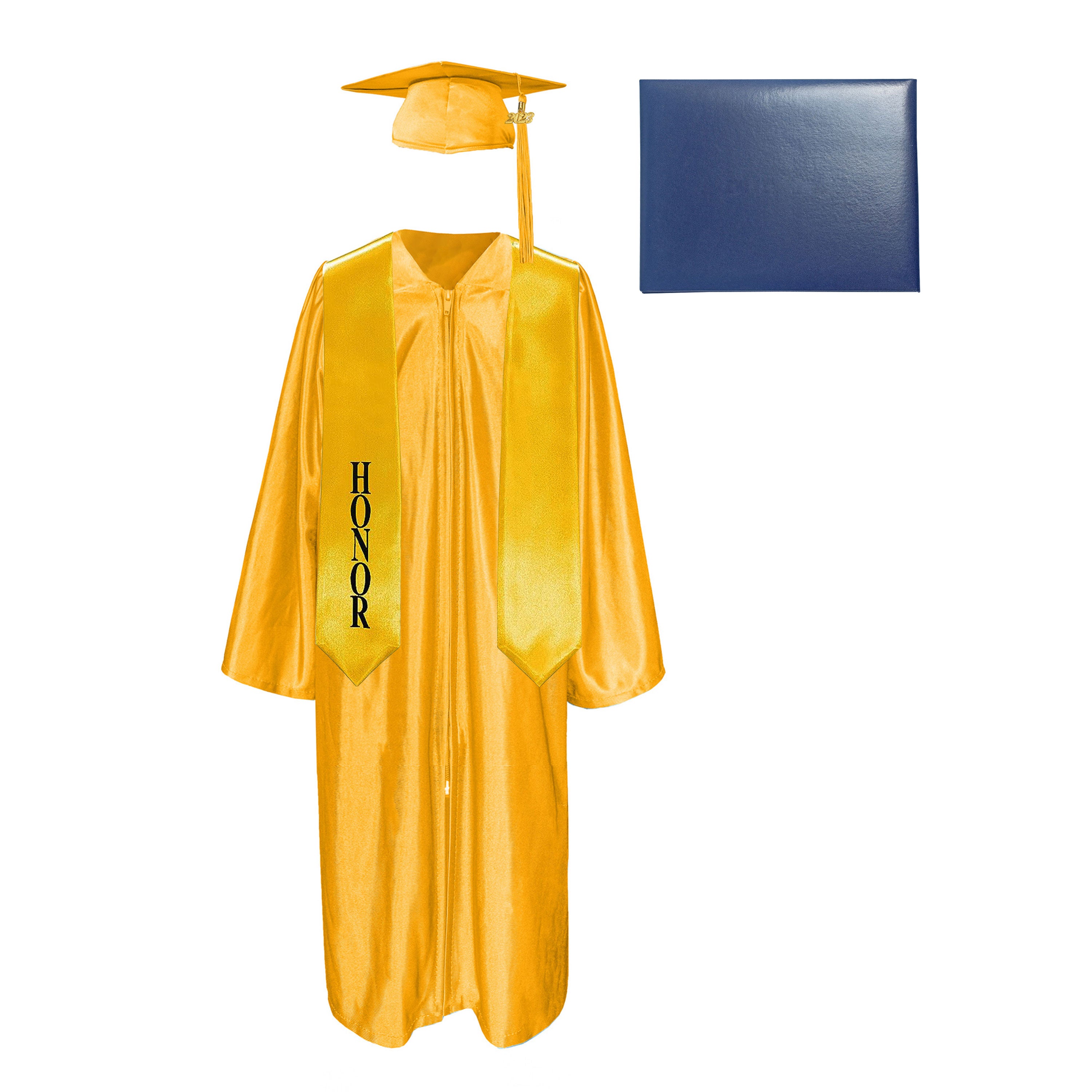 Shiny Cap, Gown, Tassel,Honor Stole 60”& Diploma Cover Package-CA graduation