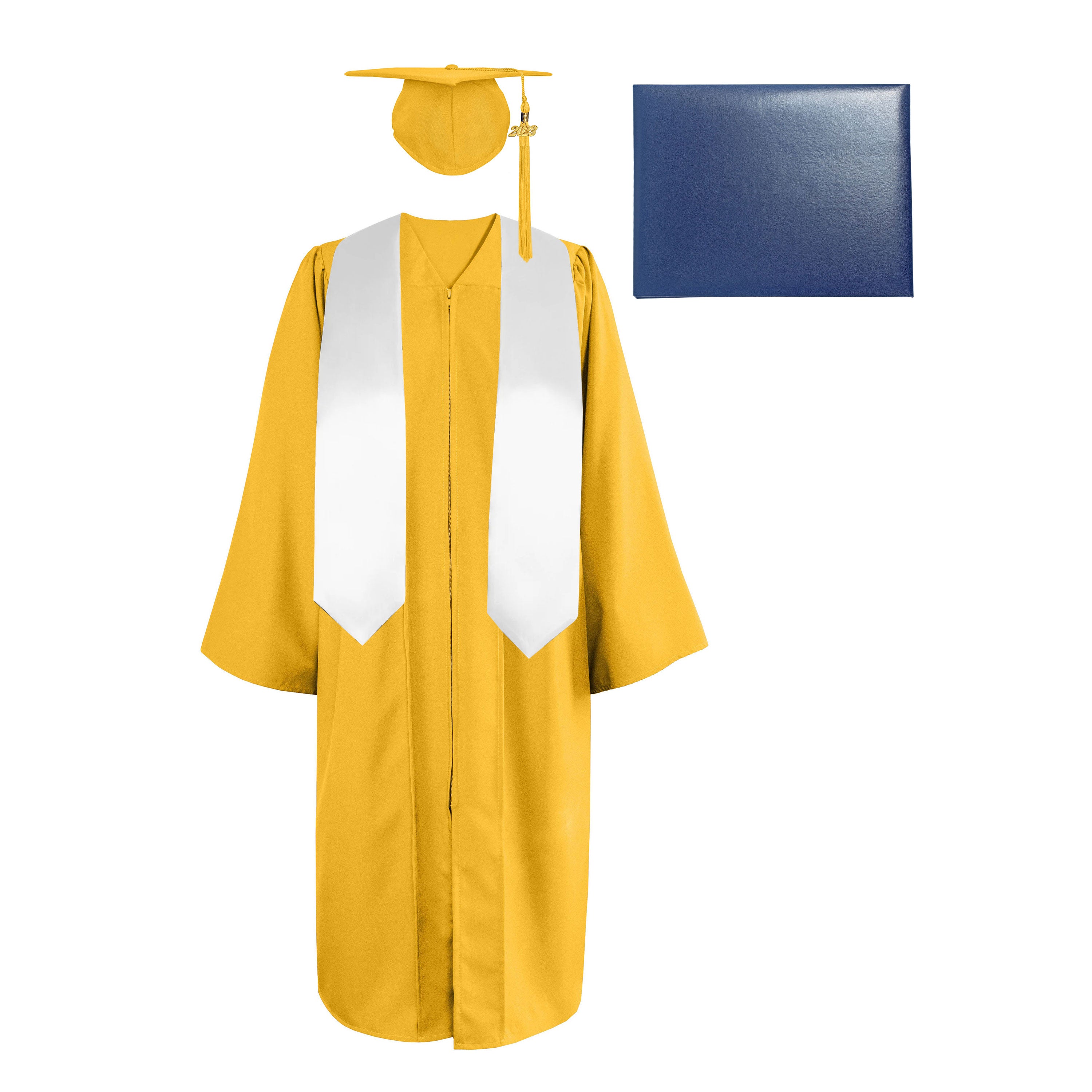 Matte Cap, Gown, Tassel,Plain Graduation Stole 60” & Diploma Cover Package-CA graduation