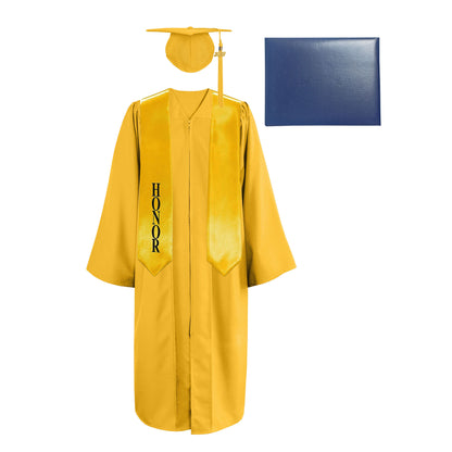 Matte Cap, Gown, Tassel,Honor Stole 60”& Diploma Cover Package-CA graduation