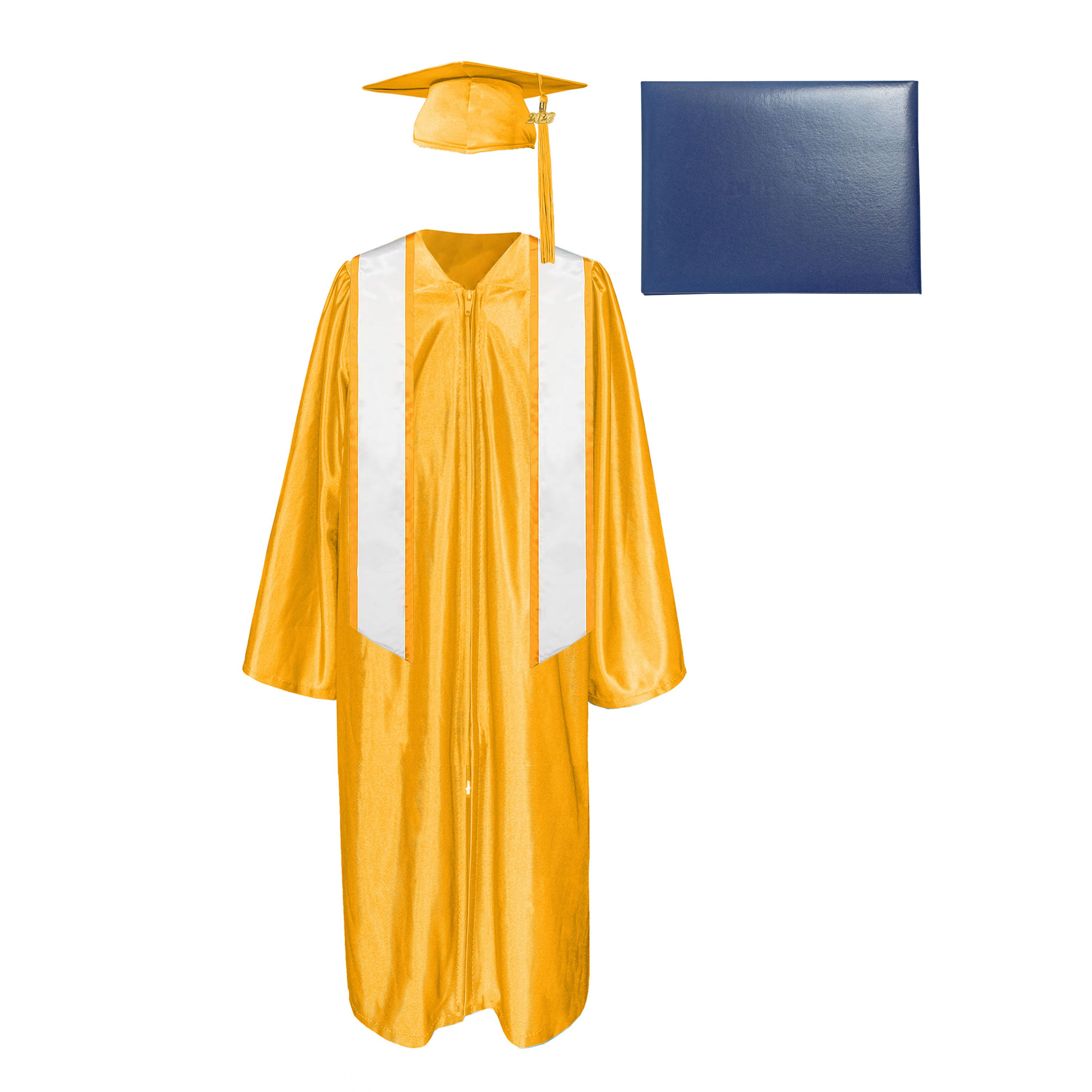 Shiny Cap, Gown, Tassel,Honor Stole Angled End with Trim 72” & Diploma Cover Package-CA graduation