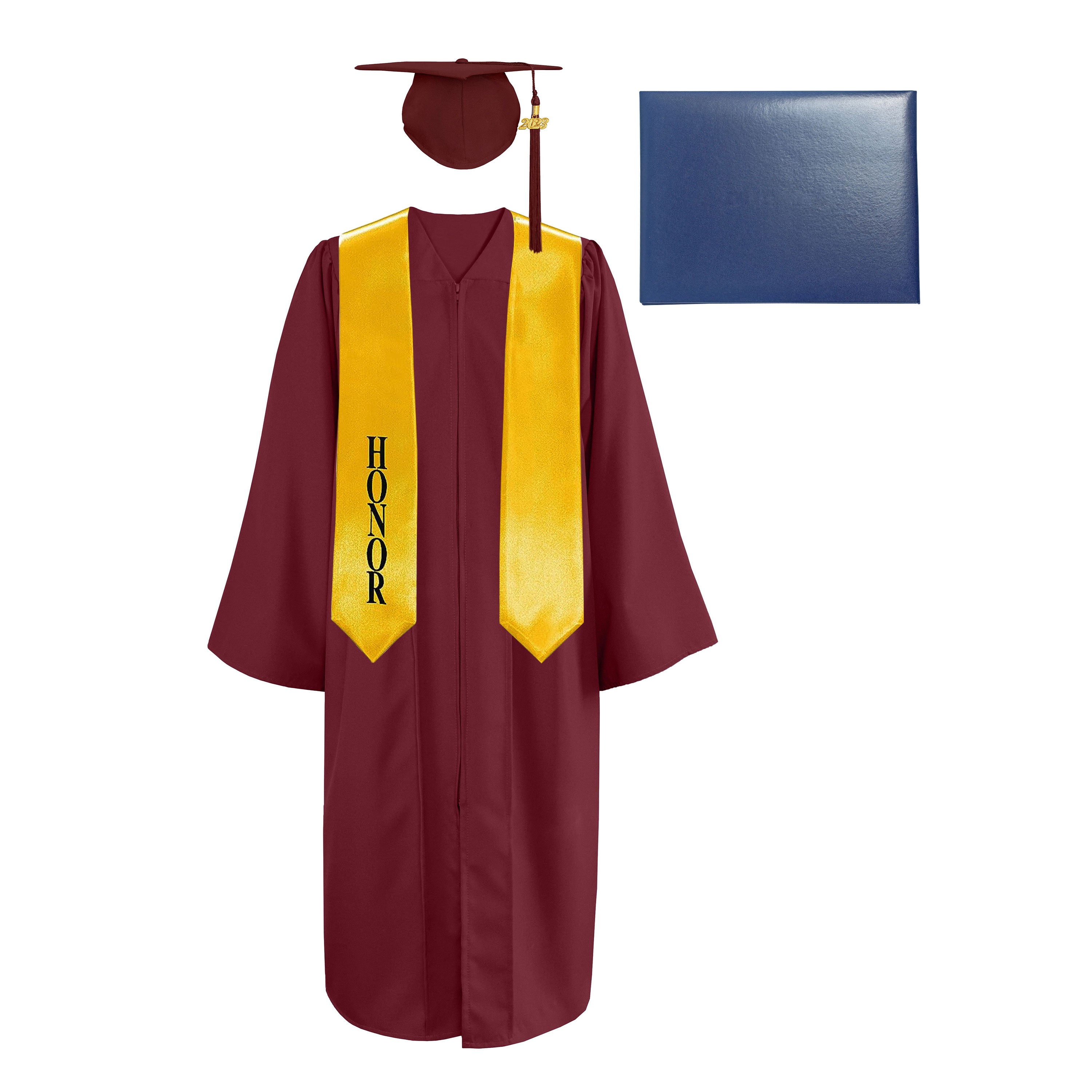 Matte Cap, Gown, Tassel,Honor Stole 60”& Diploma Cover Package-CA graduation