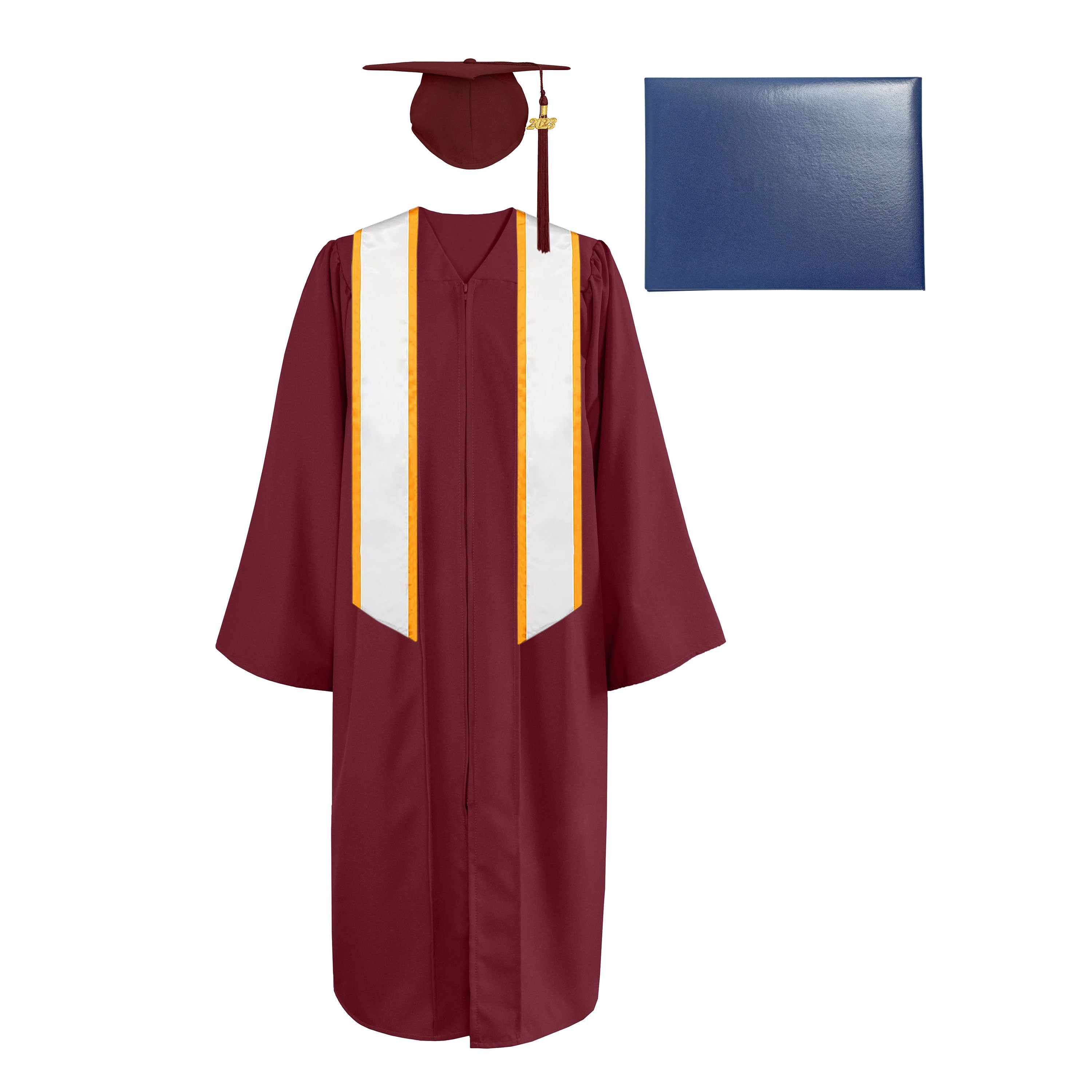 Matte Cap, Gown, Tassel,Honor Stole Angled End with Trim 72” & Diploma Cover Package-CA graduation