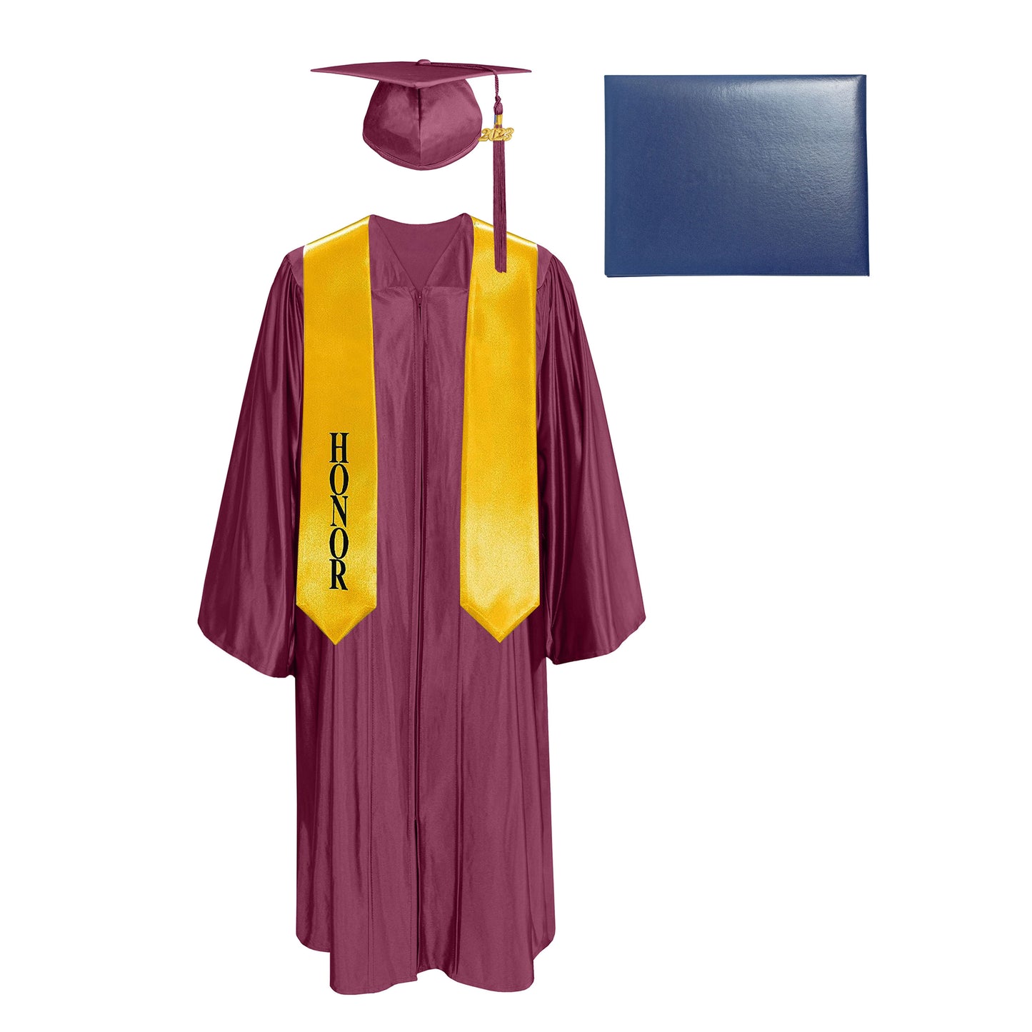 Shiny Cap, Gown, Tassel,Honor Stole 60”& Diploma Cover Package-CA graduation