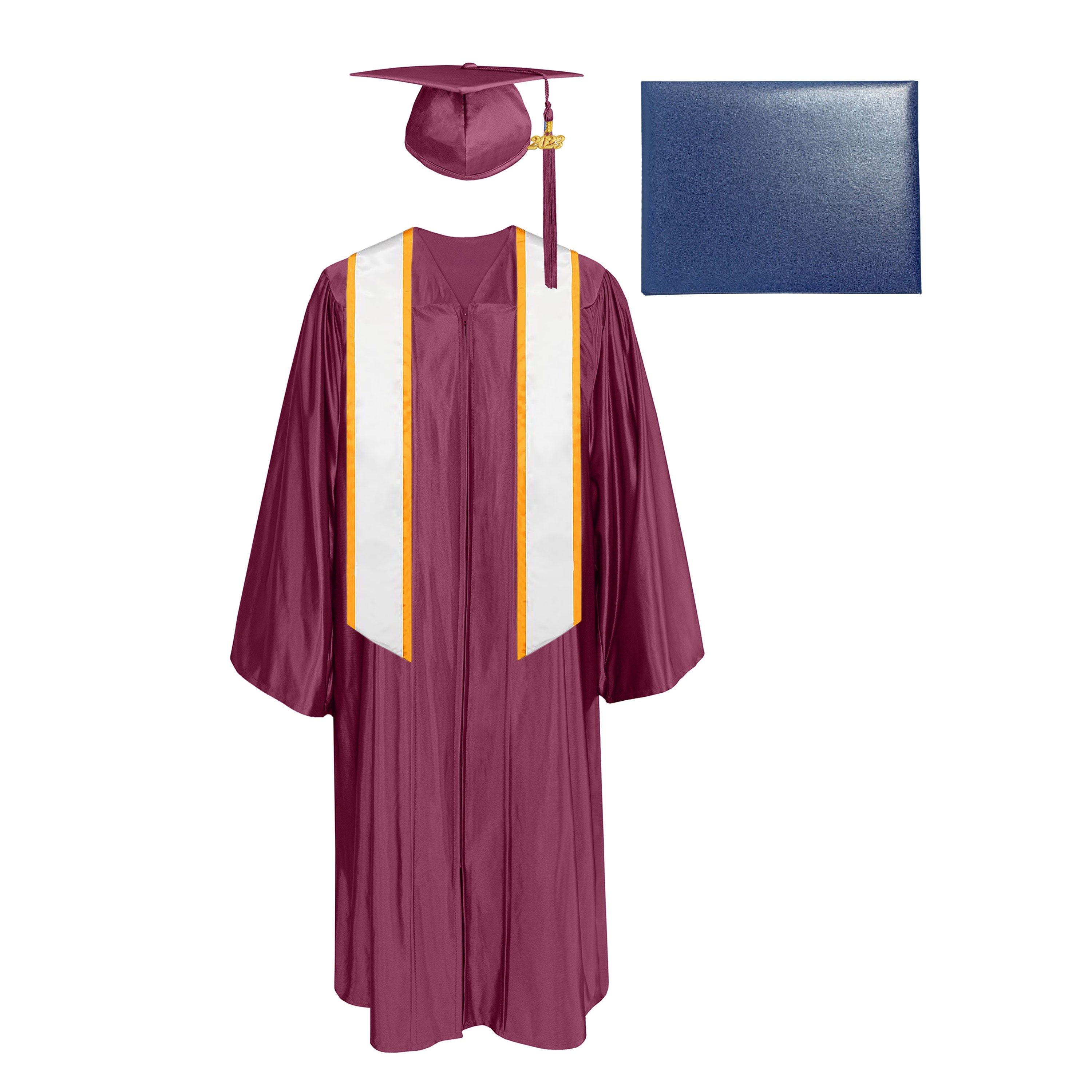 Shiny Cap, Gown, Tassel,Honor Stole Angled End with Trim 72” & Diploma Cover Package-CA graduation